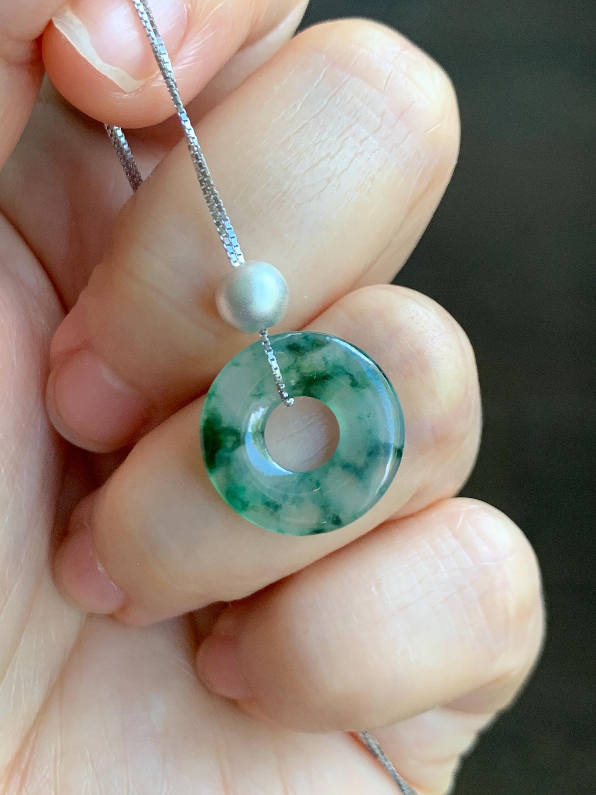 Natural Grade A Icy Translucent Green Marbled Jade Jadeite Ping An Kou Donut Pendant Sterling Silver Necklace 16” 天然老种冰飘绿花翡翠平安扣吊坠项链 MPH528B
