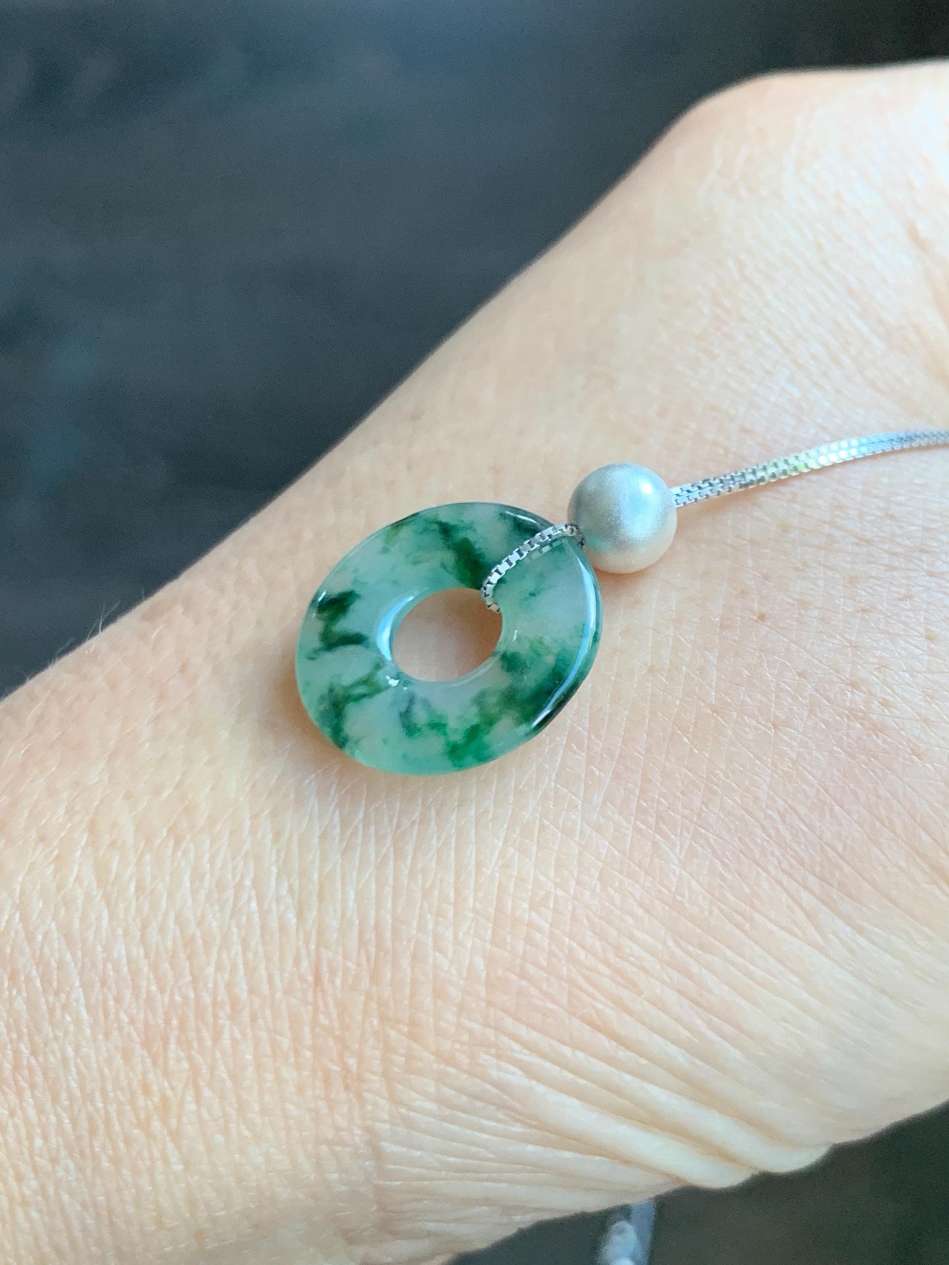 Natural Grade A Icy Translucent Green Marbled Jade Jadeite Ping An Kou Donut Pendant Sterling Silver Necklace 16” 天然老种冰飘绿花翡翠平安扣吊坠项链 MPH528B