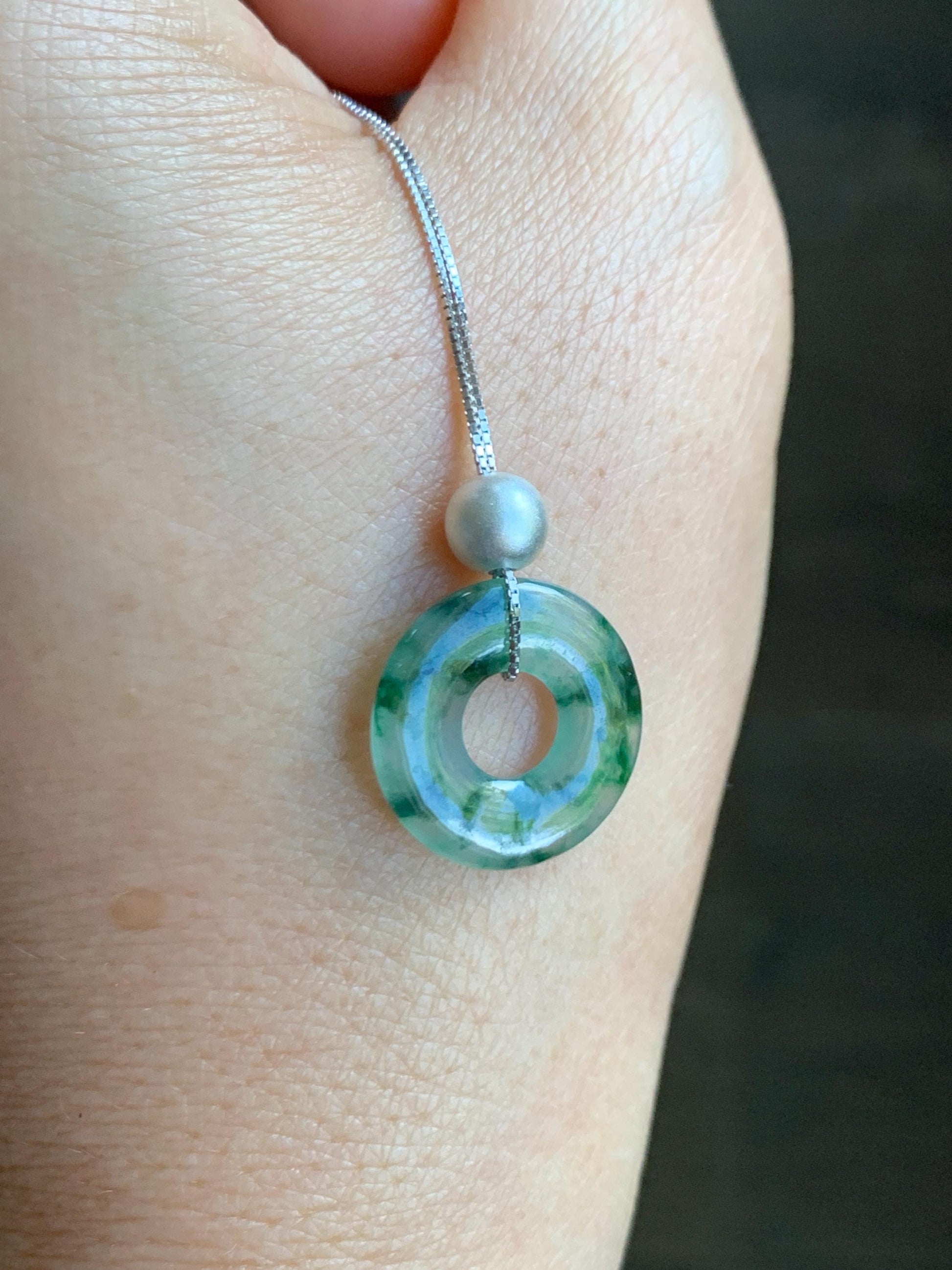 Natural Grade A Icy Translucent Green Marbled Jade Jadeite Ping An Kou Donut Pendant Sterling Silver Necklace 16” 天然老种冰飘绿花翡翠平安扣吊坠项链 MPH528B