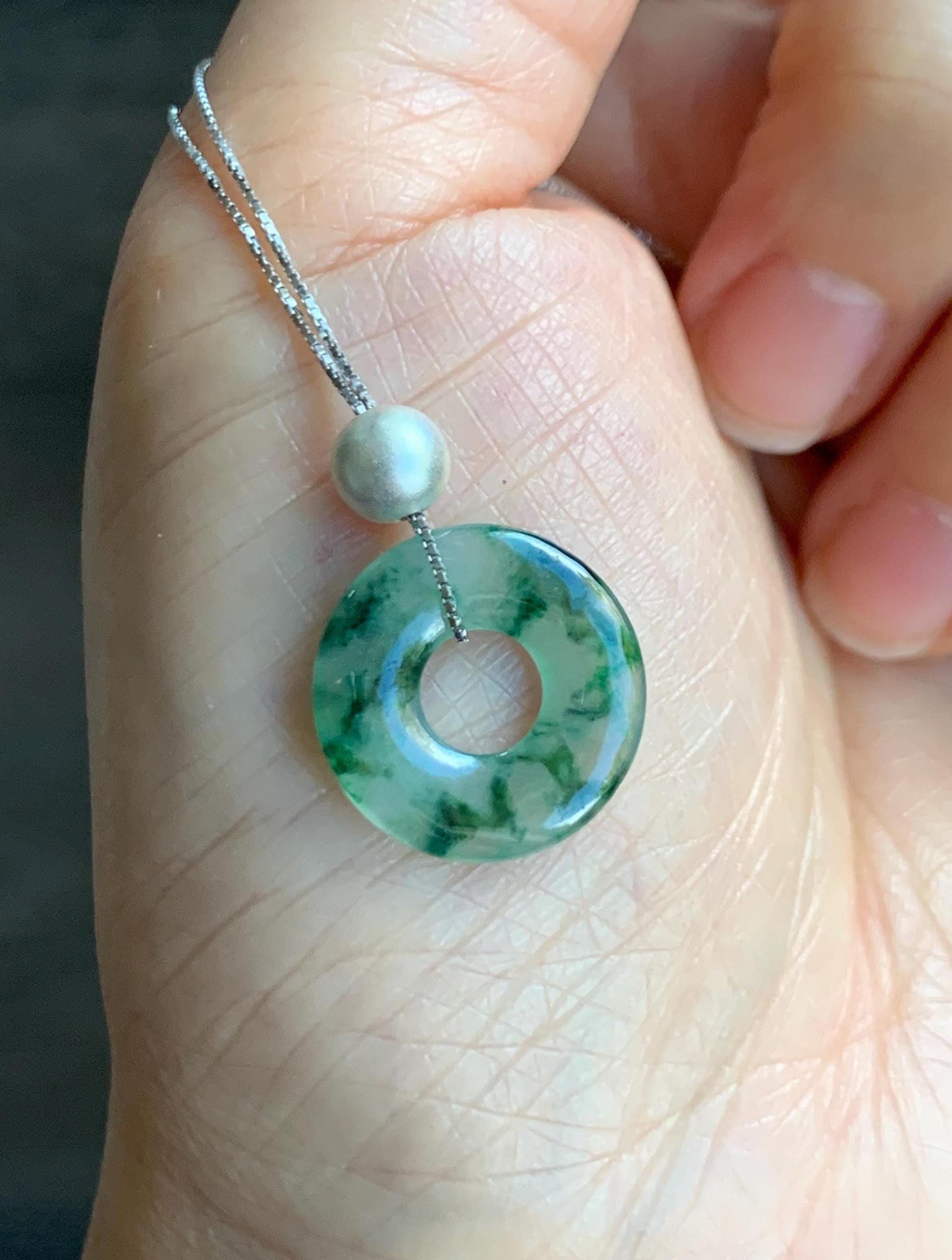 Natural Grade A Icy Translucent Green Marbled Jade Jadeite Ping An Kou Donut Pendant Sterling Silver Necklace 16” 天然老种冰飘绿花翡翠平安扣吊坠项链 MPH528B