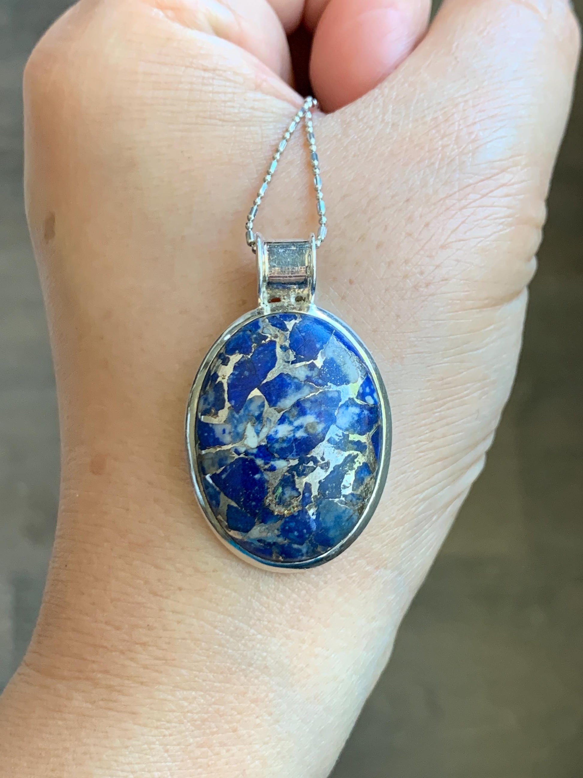 Natural Genuine Lapis Lazuli Lareg Oval Pendant Sterling Silver 8g LLZ