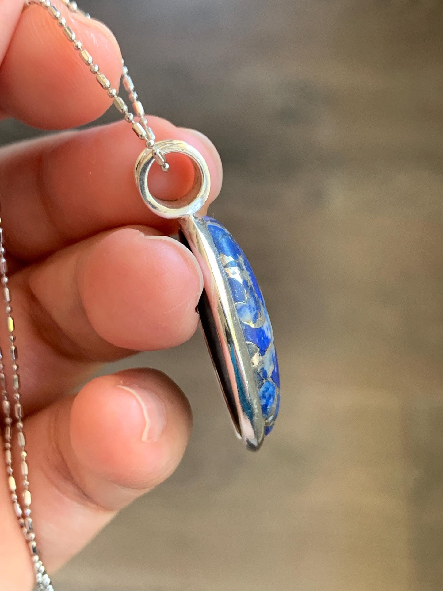 Natural Genuine Lapis Lazuli Lareg Oval Pendant Sterling Silver 8g LLZ