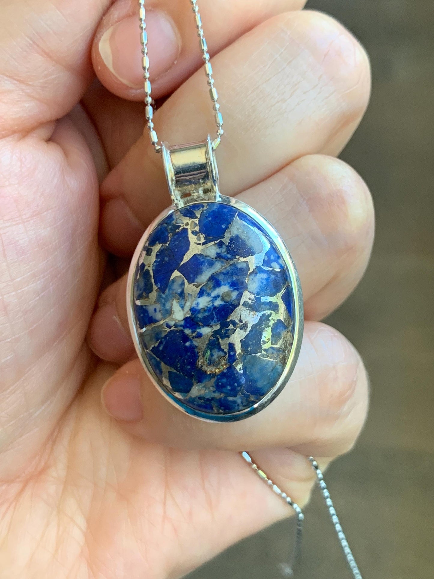 Natural Genuine Lapis Lazuli Lareg Oval Pendant Sterling Silver 8g LLZ