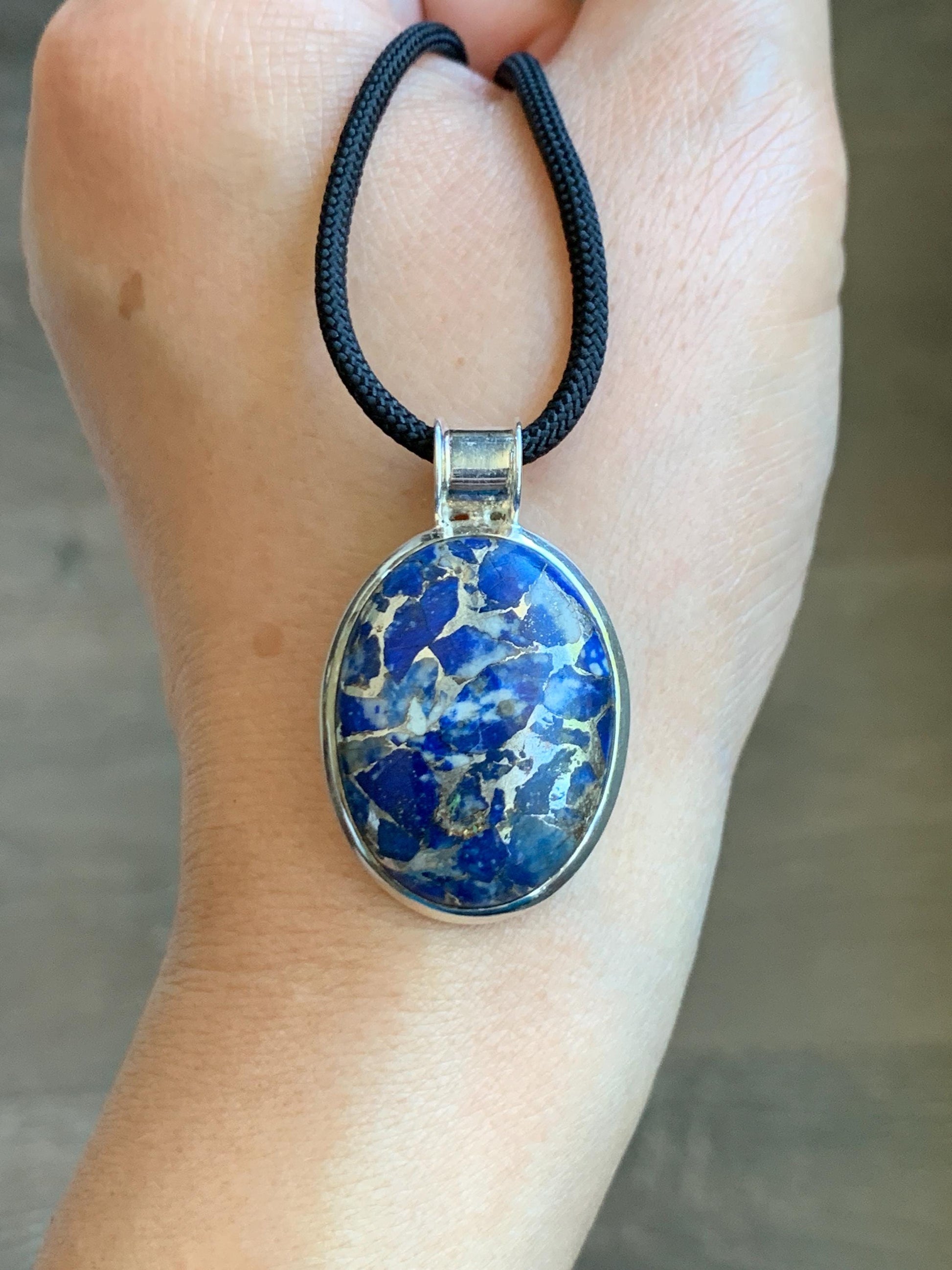 Natural Genuine Lapis Lazuli Lareg Oval Pendant Sterling Silver 8g LLZ