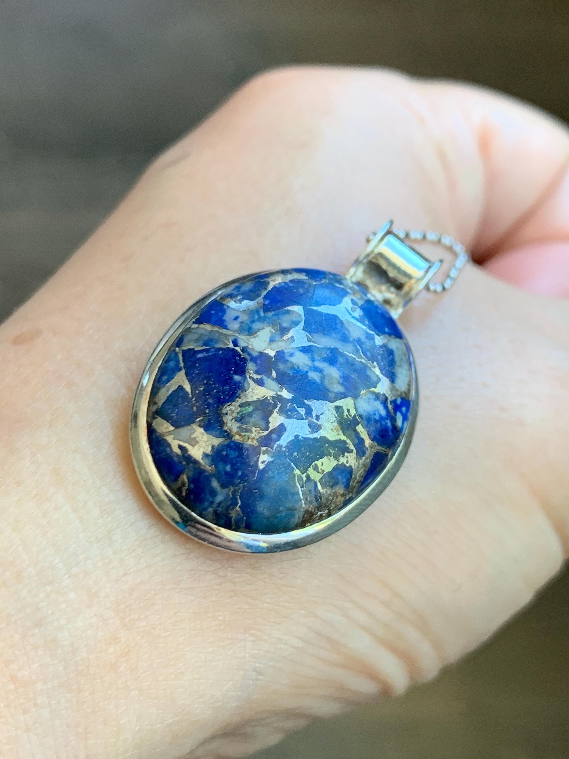 Natural Genuine Lapis Lazuli Lareg Oval Pendant Sterling Silver 8g LLZ