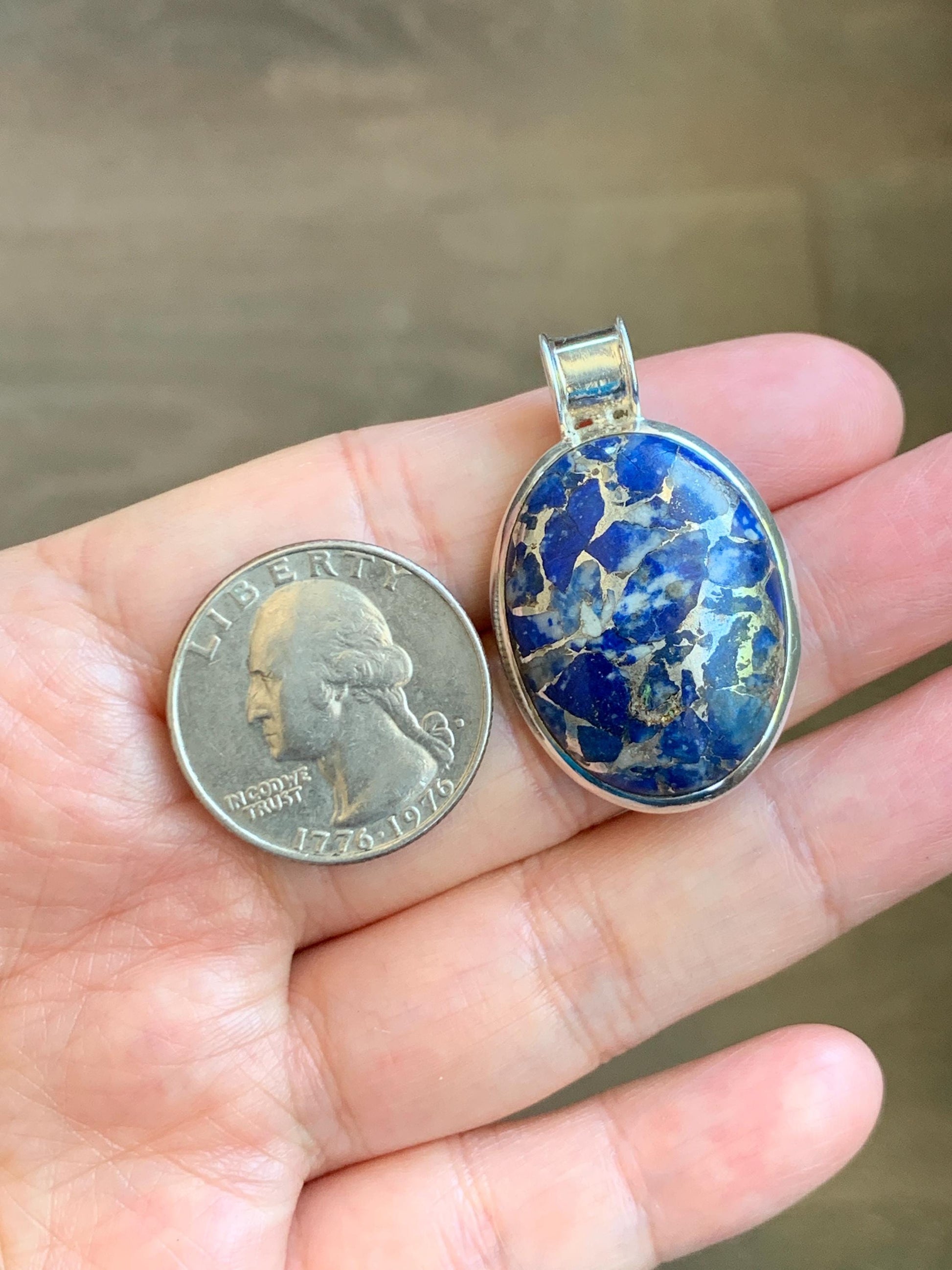 Natural Genuine Lapis Lazuli Lareg Oval Pendant Sterling Silver 8g LLZ