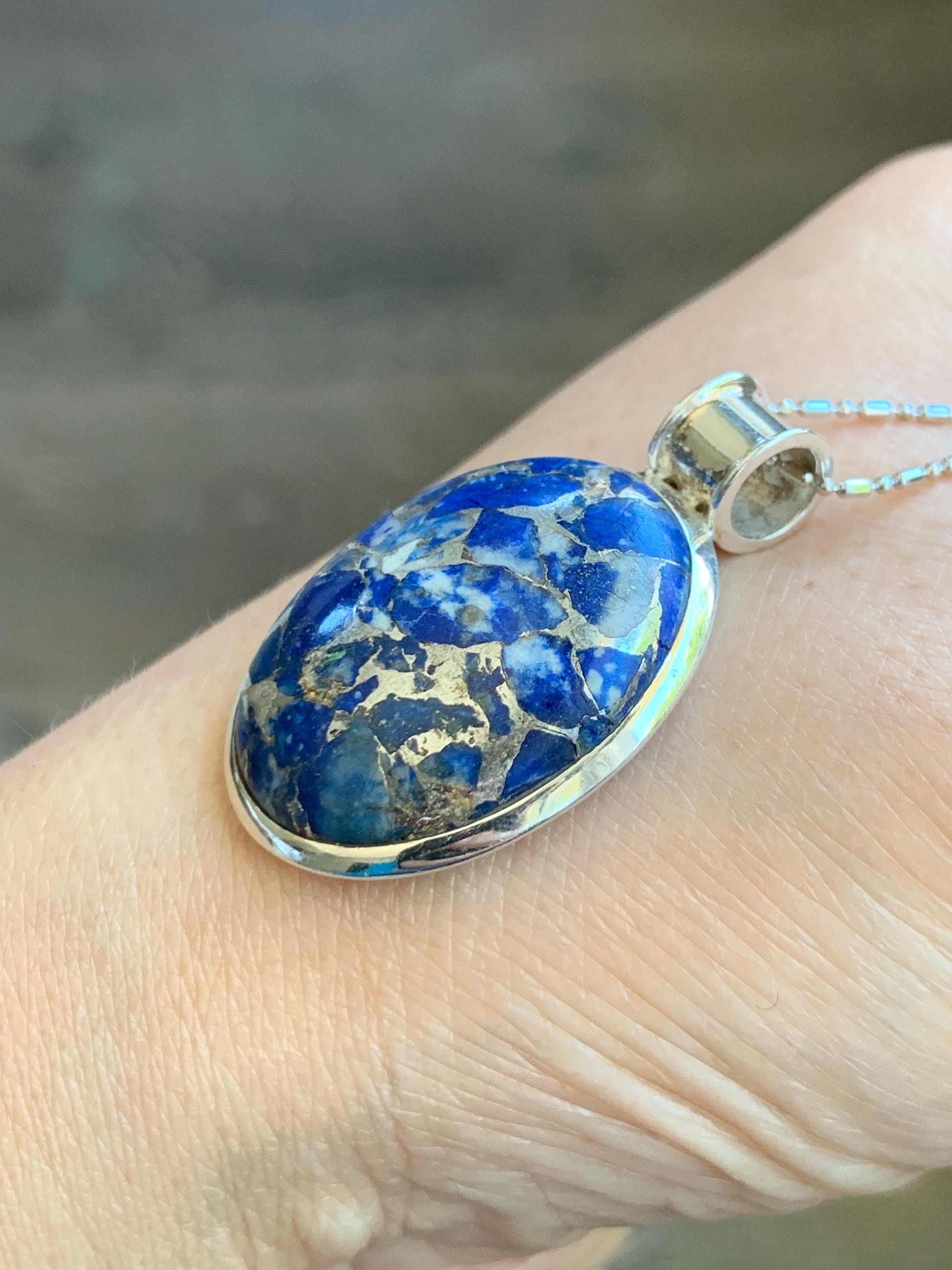 Natural Genuine Lapis Lazuli Lareg Oval Pendant Sterling Silver 8g LLZ