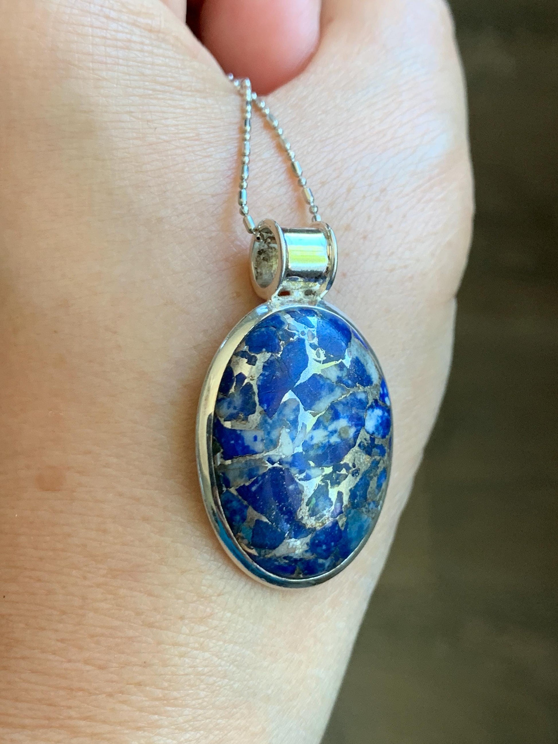 Natural Genuine Lapis Lazuli Lareg Oval Pendant Sterling Silver 8g LLZ