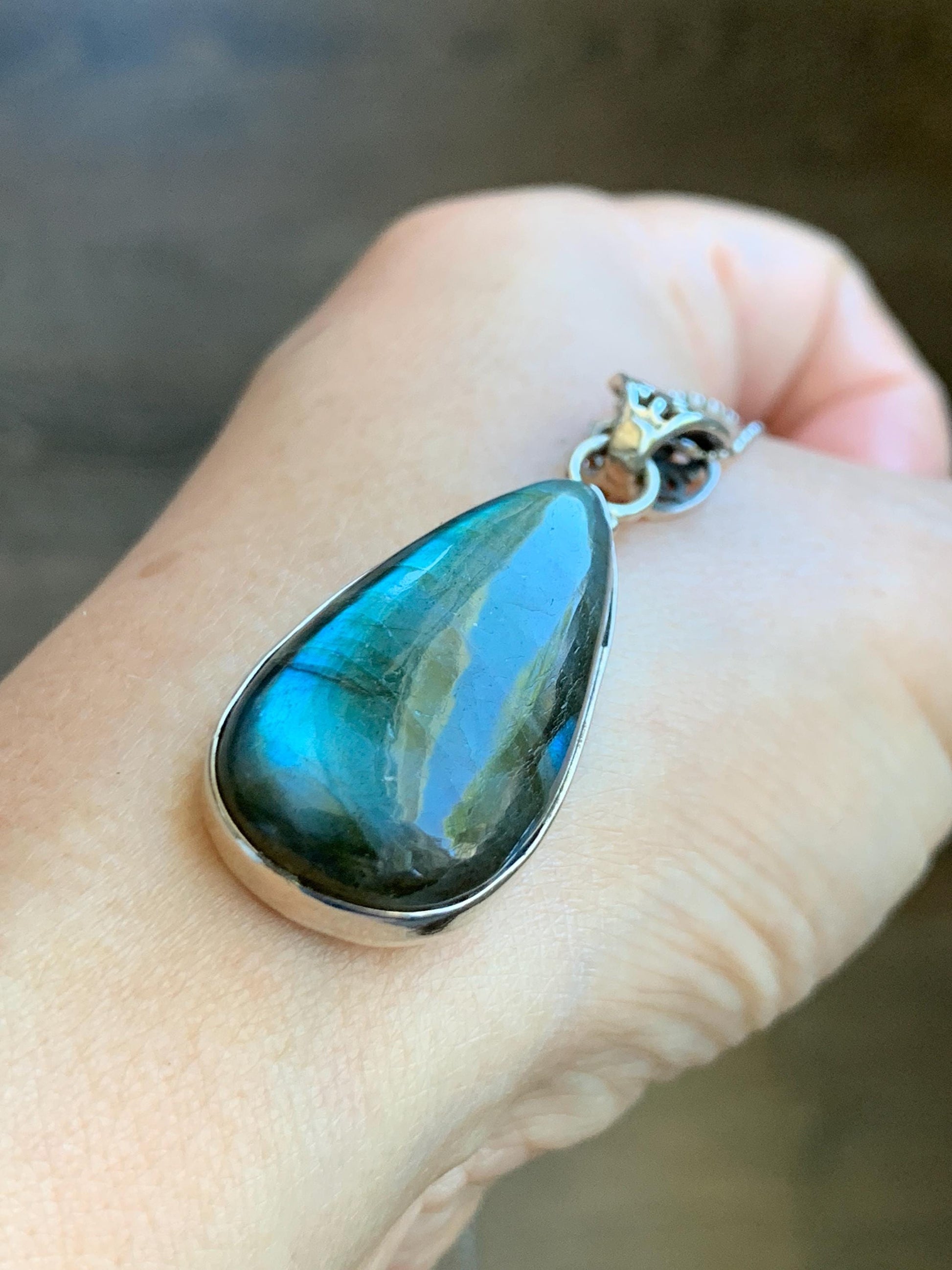 Natural Genuine labradorite Large Teardrop Pendant Sterling Silver 10g LAB