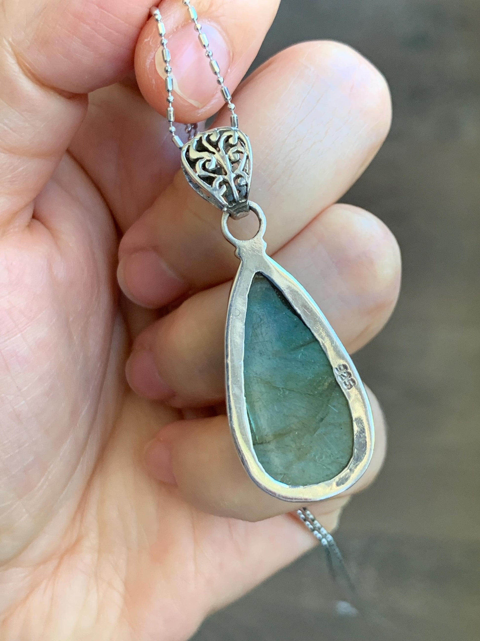 Natural Genuine labradorite Large Teardrop Pendant Sterling Silver 10g LAB