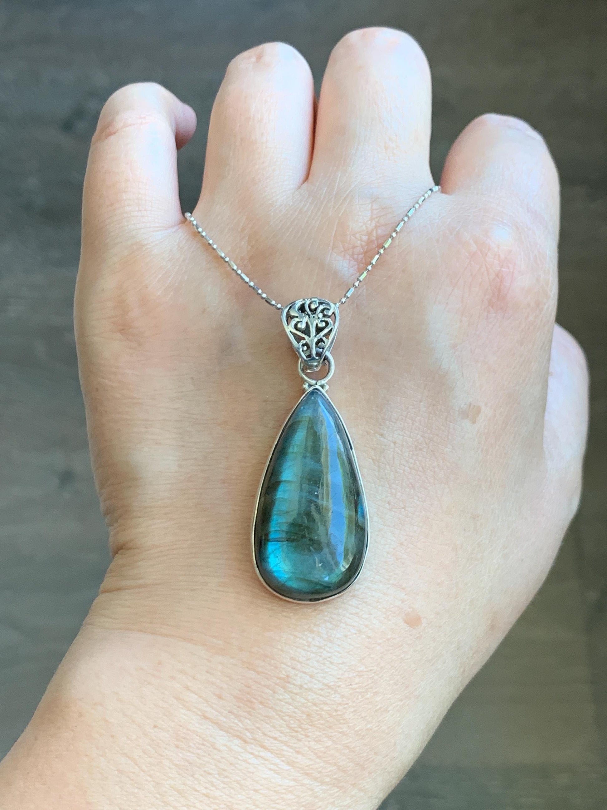Natural Genuine labradorite Large Teardrop Pendant Sterling Silver 10g LAB