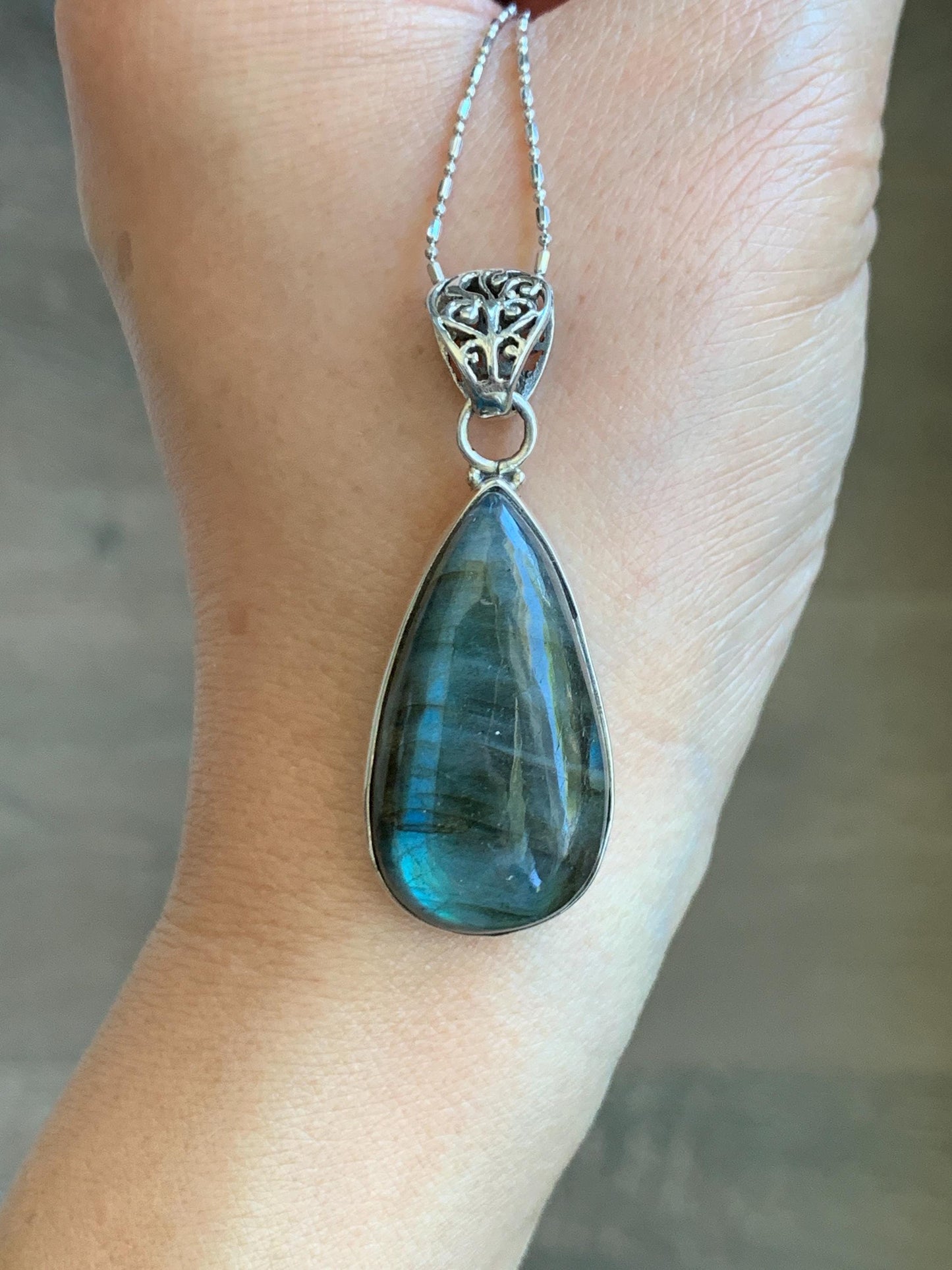Natural Genuine labradorite Large Teardrop Pendant Sterling Silver 10g LAB