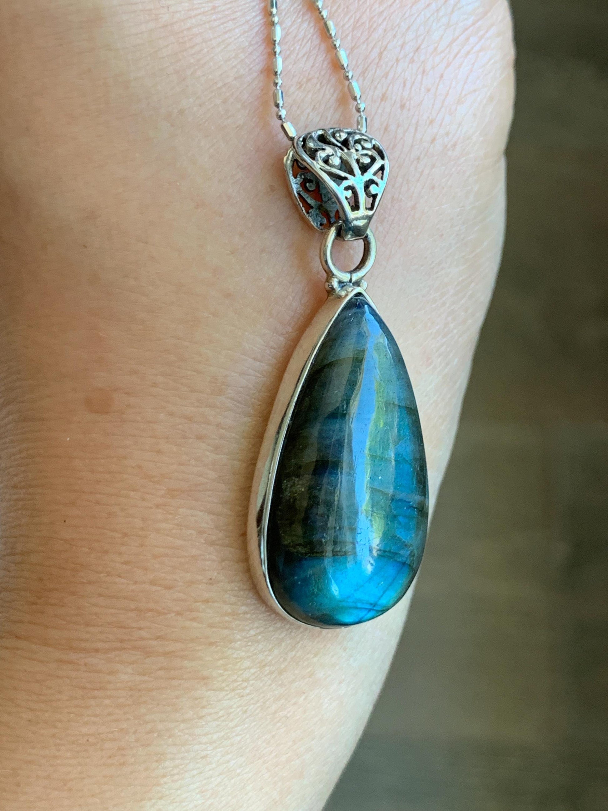 Natural Genuine labradorite Large Teardrop Pendant Sterling Silver 10g LAB