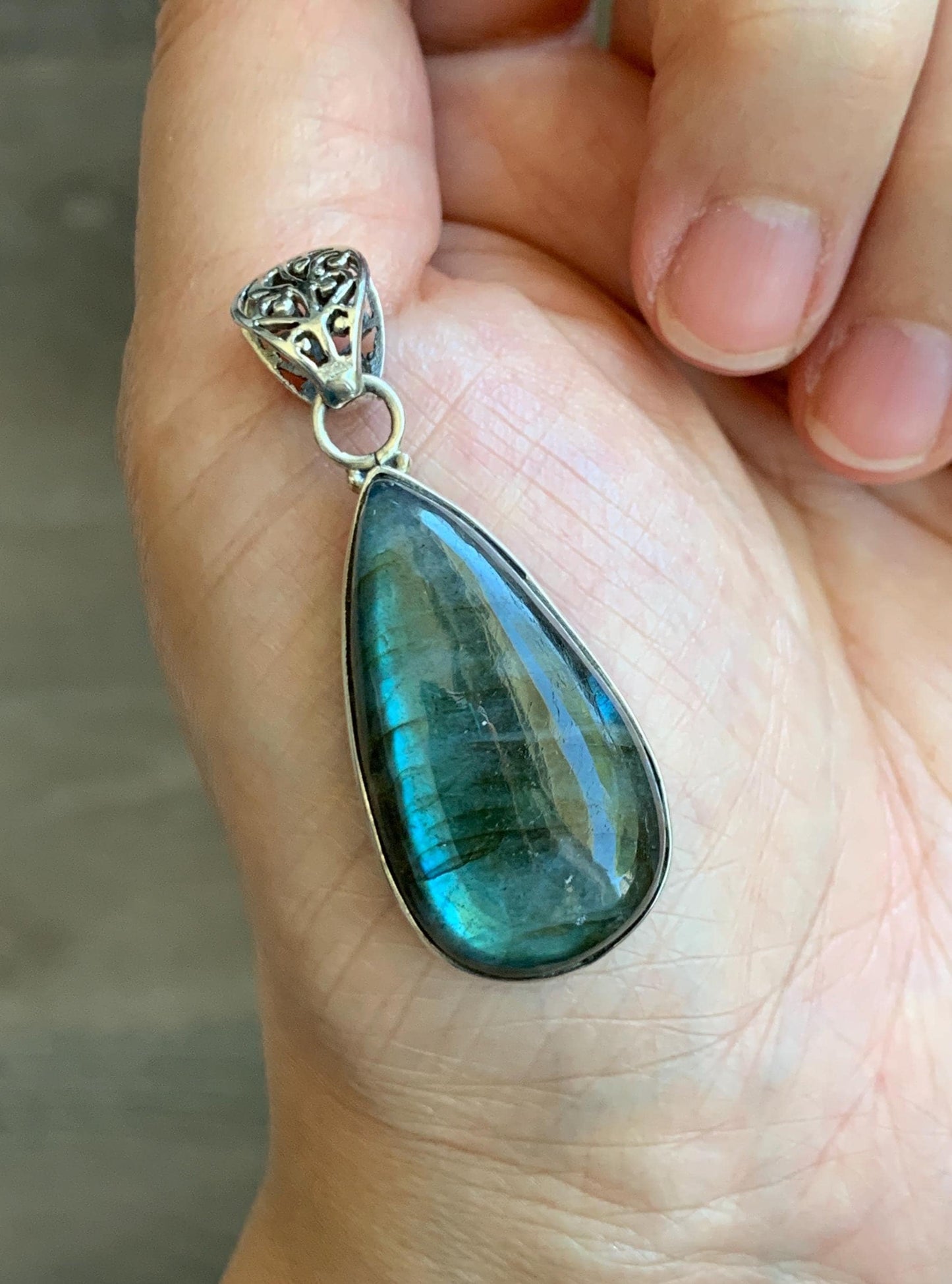 Natural Genuine labradorite Large Teardrop Pendant Sterling Silver 10g LAB