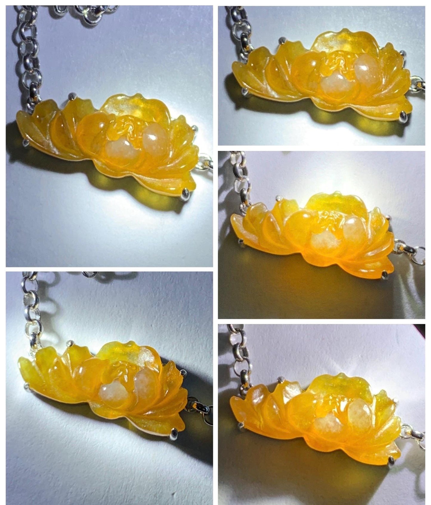 Certified Natural Grade A Icy Highly Translucent Intense Yellow Jade Jadeite Lotus Flower Bracelet Sterling Silver 6.25-7.5” 天然冰油黄翡翠莲花手链 167