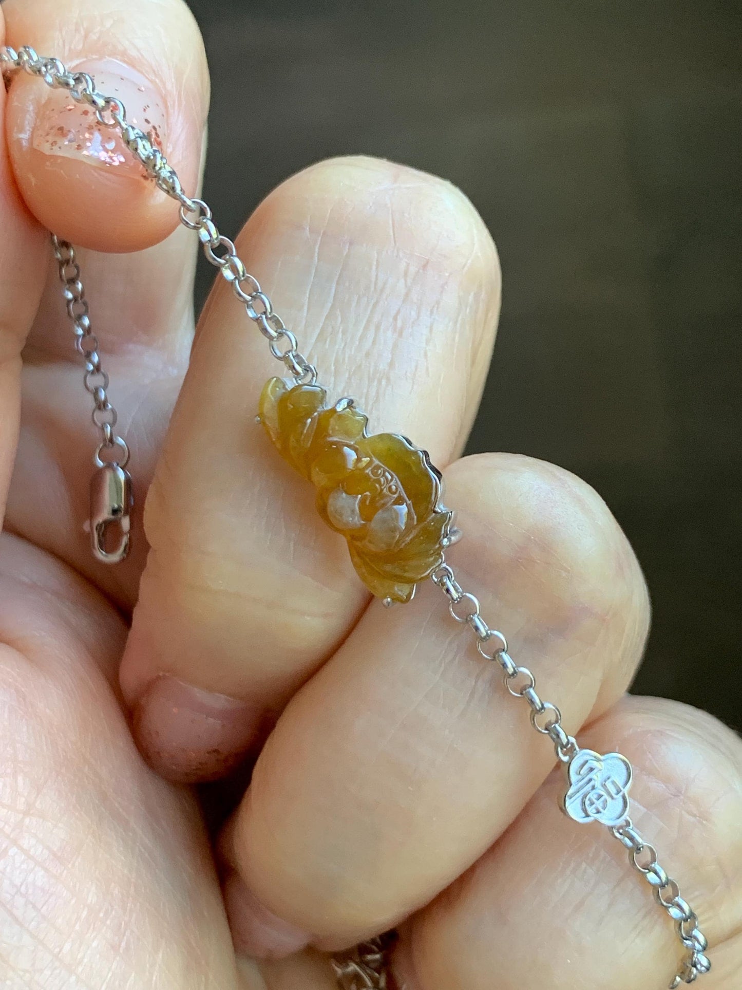 Certified Natural Grade A Icy Highly Translucent Intense Yellow Jade Jadeite Lotus Flower Bracelet Sterling Silver 6.25-7.5” 天然冰油黄翡翠莲花手链 167