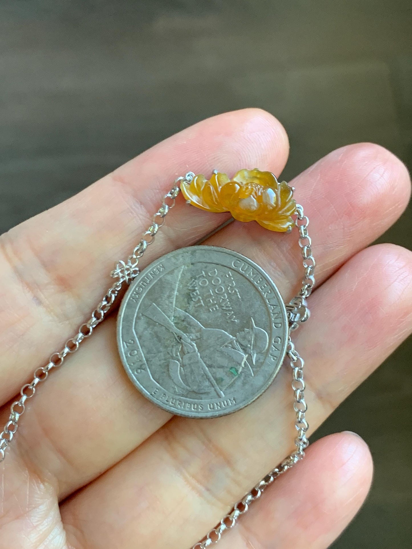Certified Natural Grade A Icy Highly Translucent Intense Yellow Jade Jadeite Lotus Flower Bracelet Sterling Silver 6.25-7.5” 天然冰油黄翡翠莲花手链 167