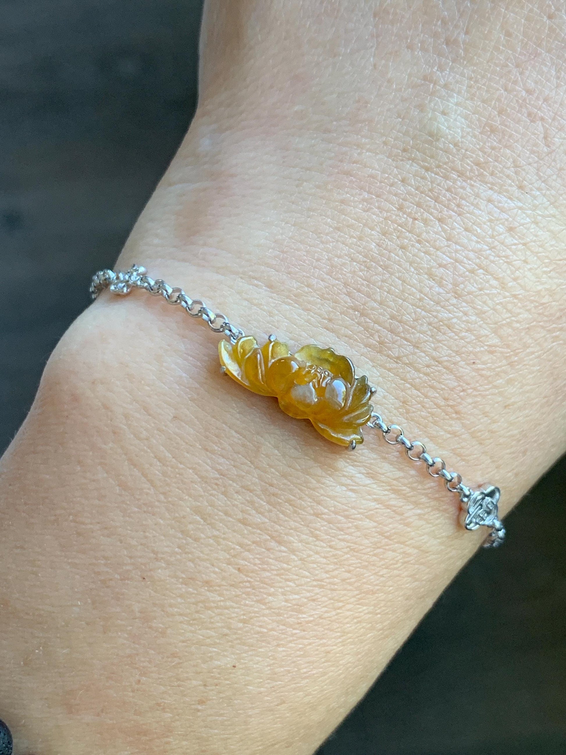 Certified Natural Grade A Icy Highly Translucent Intense Yellow Jade Jadeite Lotus Flower Bracelet Sterling Silver 6.25-7.5” 天然冰油黄翡翠莲花手链 167