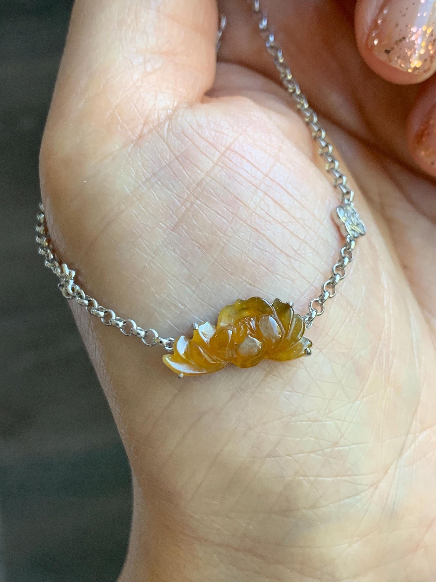 Certified Natural Grade A Icy Highly Translucent Intense Yellow Jade Jadeite Lotus Flower Bracelet Sterling Silver 6.25-7.5” 天然冰油黄翡翠莲花手链 167