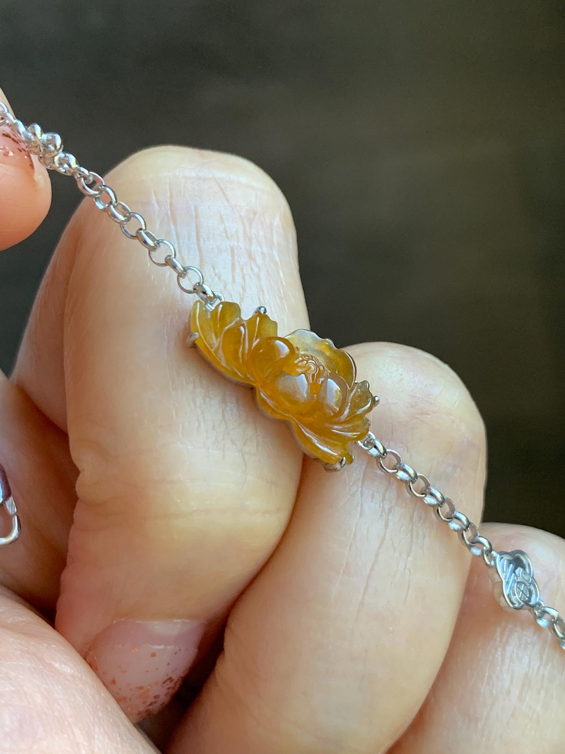Certified Natural Grade A Icy Highly Translucent Intense Yellow Jade Jadeite Lotus Flower Bracelet Sterling Silver 6.25-7.5” 天然冰油黄翡翠莲花手链 167