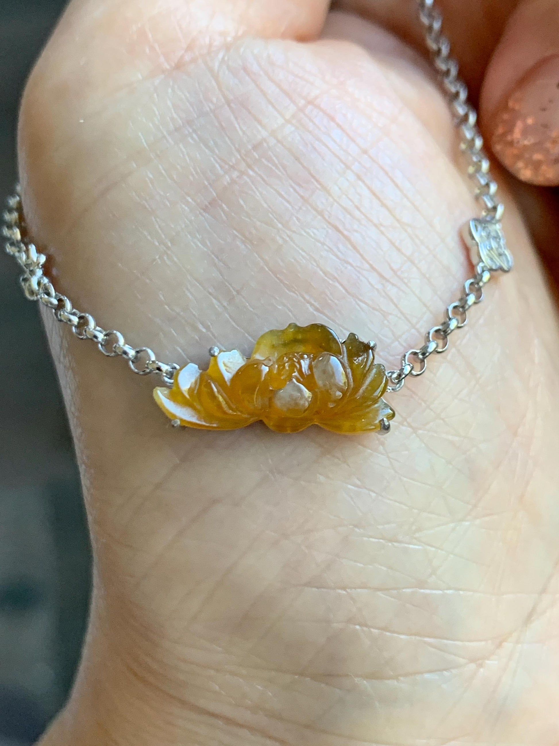 Certified Natural Grade A Icy Highly Translucent Intense Yellow Jade Jadeite Lotus Flower Bracelet Sterling Silver 6.25-7.5” 天然冰油黄翡翠莲花手链 167