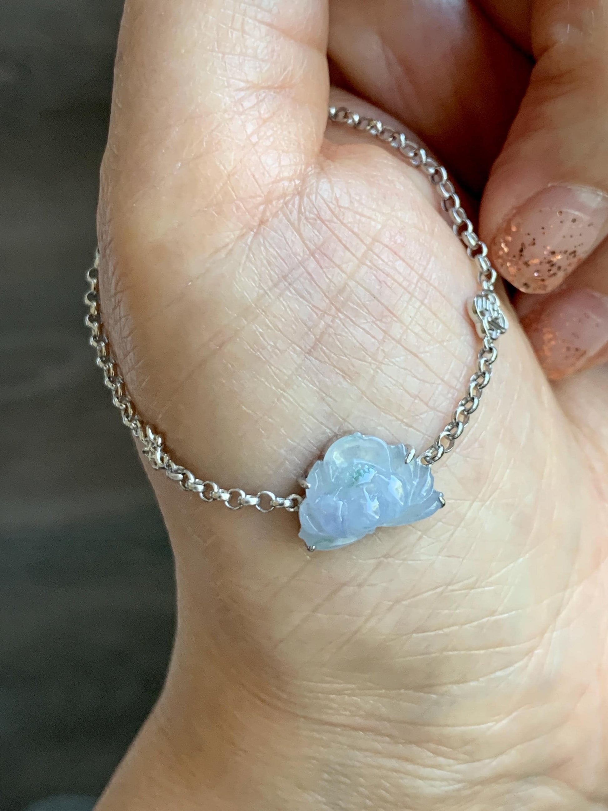 Certified Natural Grade A Icy Highly Translucent Pale Purple Jade Jadeite Lotus Flower Bracelet Sterling Silver 6.25-7.5” 天然冰紫底飘花翡翠莲花手链 168