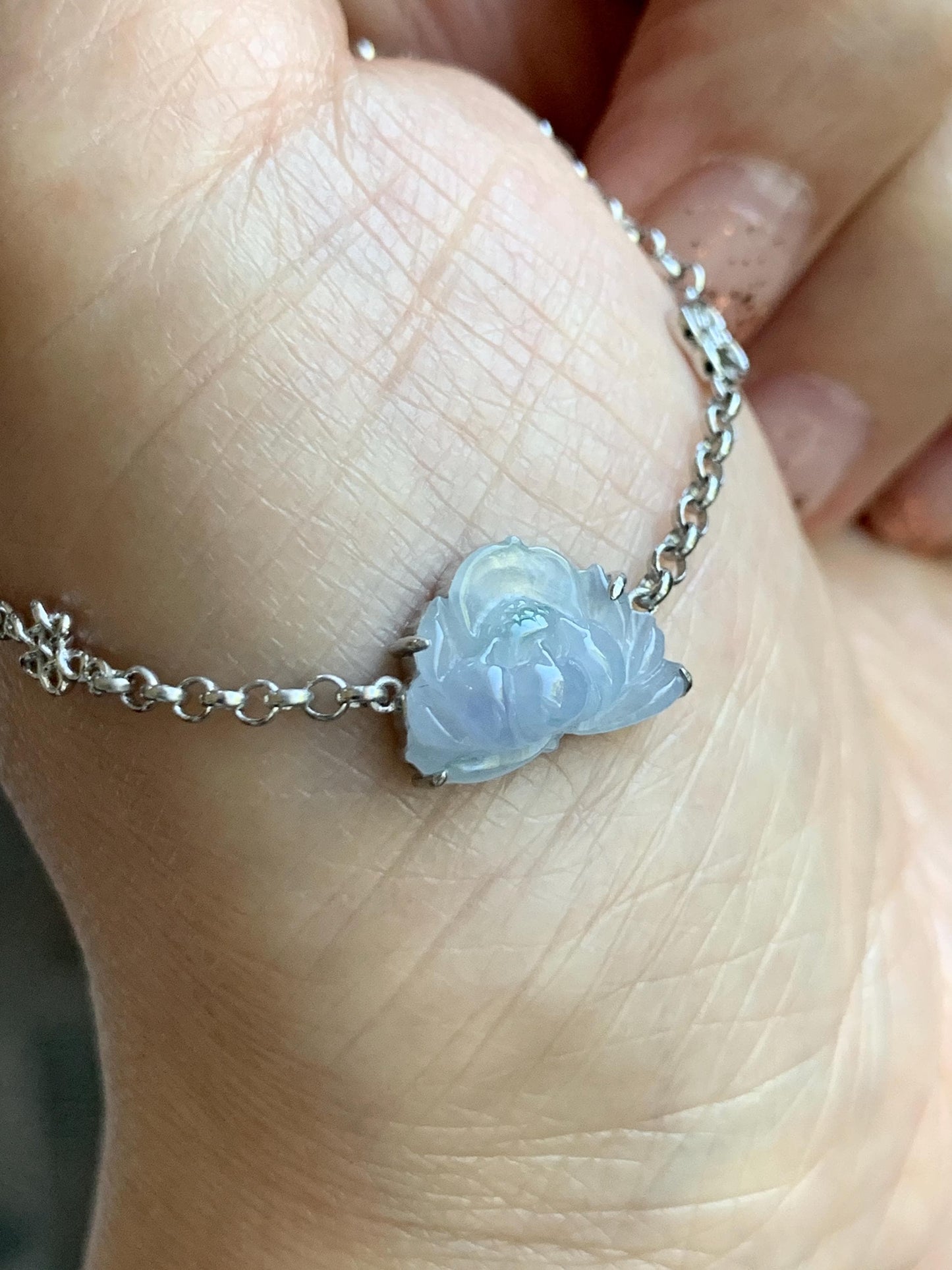 Certified Natural Grade A Icy Highly Translucent Pale Purple Jade Jadeite Lotus Flower Bracelet Sterling Silver 6.25-7.5” 天然冰紫底飘花翡翠莲花手链 168