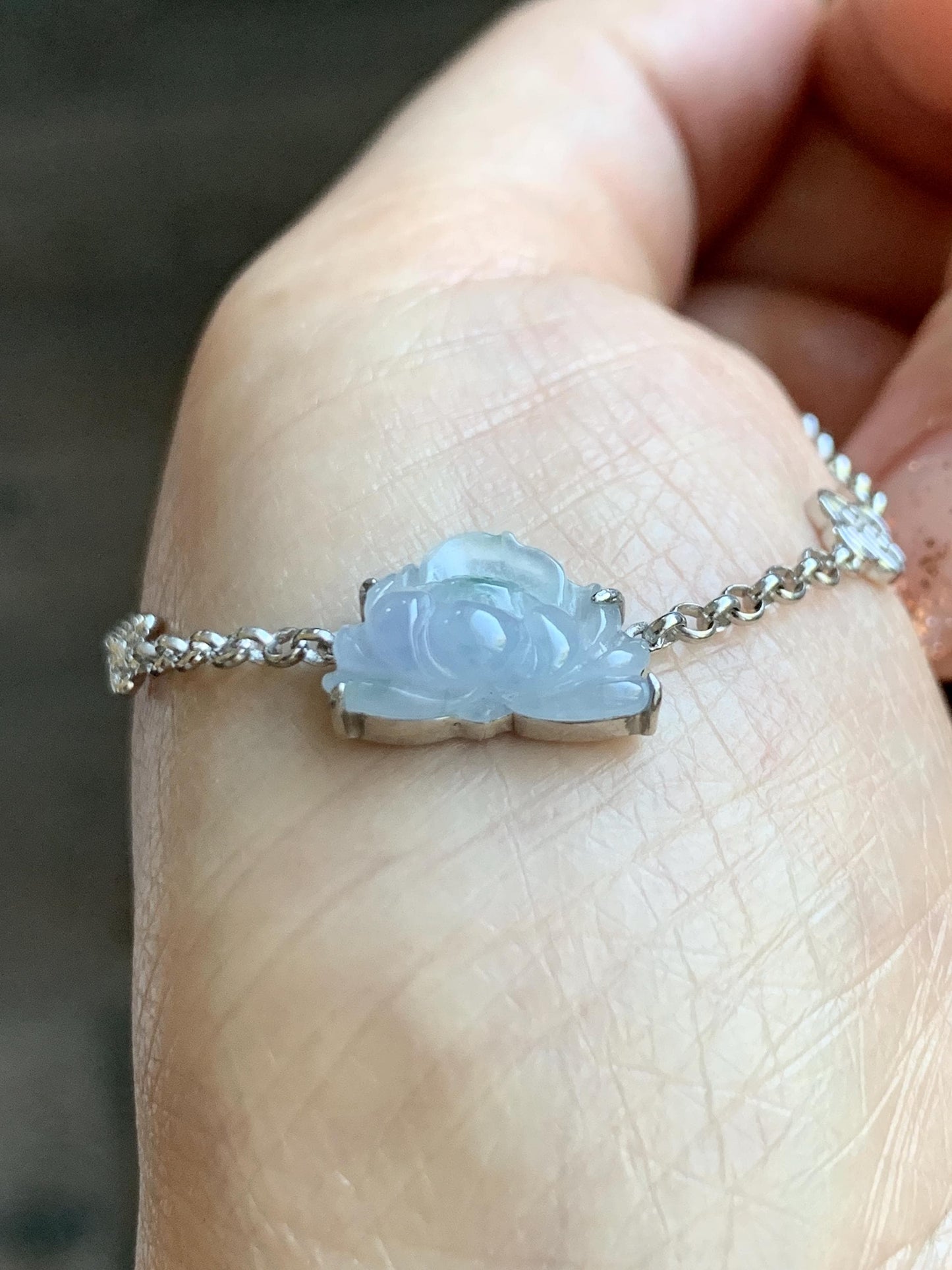 Certified Natural Grade A Icy Highly Translucent Pale Purple Jade Jadeite Lotus Flower Bracelet Sterling Silver 6.25-7.5” 天然冰紫底飘花翡翠莲花手链 168
