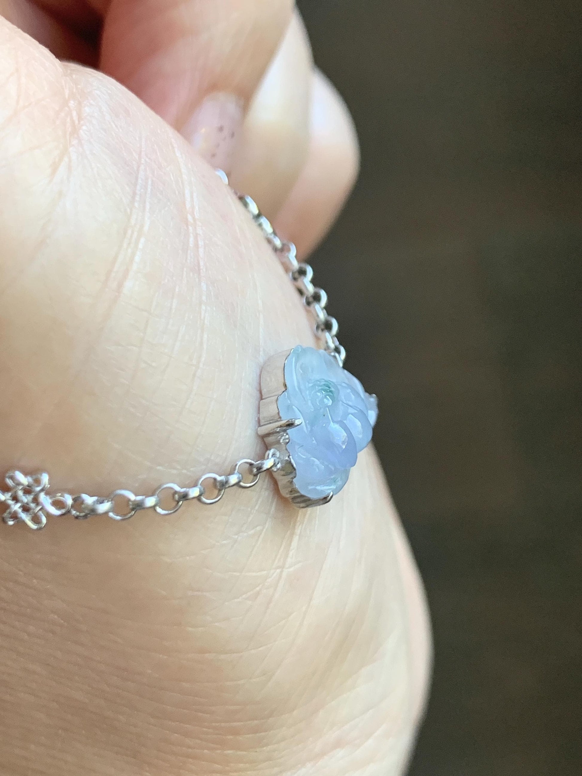 Certified Natural Grade A Icy Highly Translucent Pale Purple Jade Jadeite Lotus Flower Bracelet Sterling Silver 6.25-7.5” 天然冰紫底飘花翡翠莲花手链 168