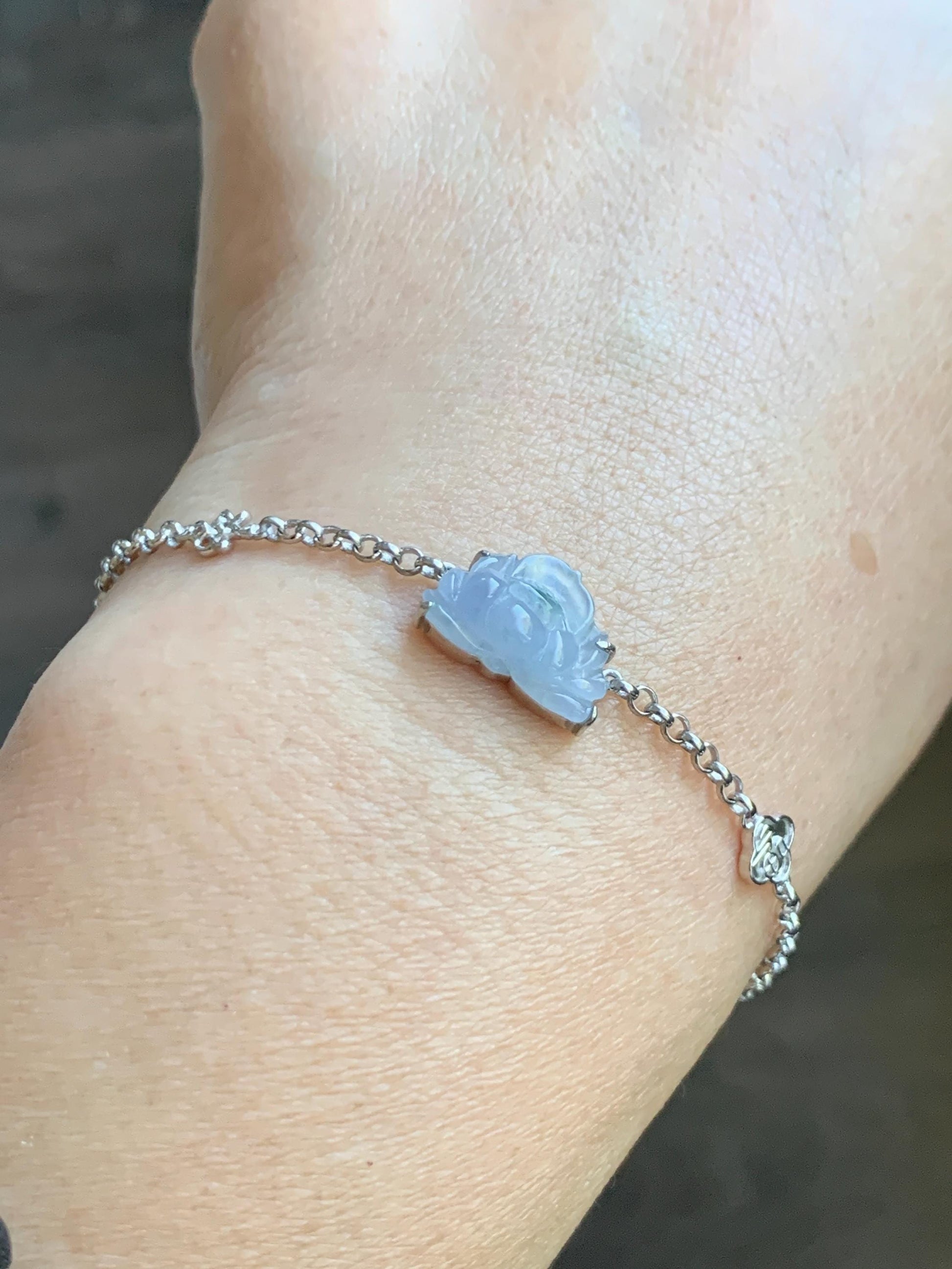 Certified Natural Grade A Icy Highly Translucent Pale Purple Jade Jadeite Lotus Flower Bracelet Sterling Silver 6.25-7.5” 天然冰紫底飘花翡翠莲花手链 168