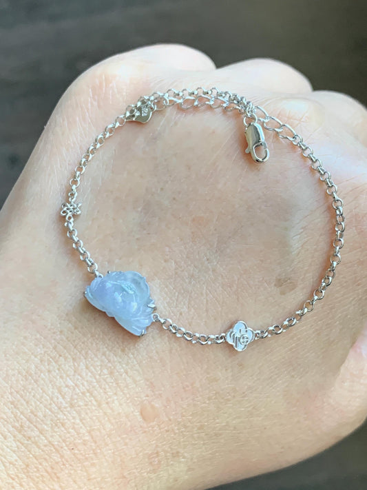 Certified Natural Grade A Icy Highly Translucent Pale Purple Jade Jadeite Lotus Flower Bracelet Sterling Silver 6.25-7.5” 天然冰紫底飘花翡翠莲花手链 168