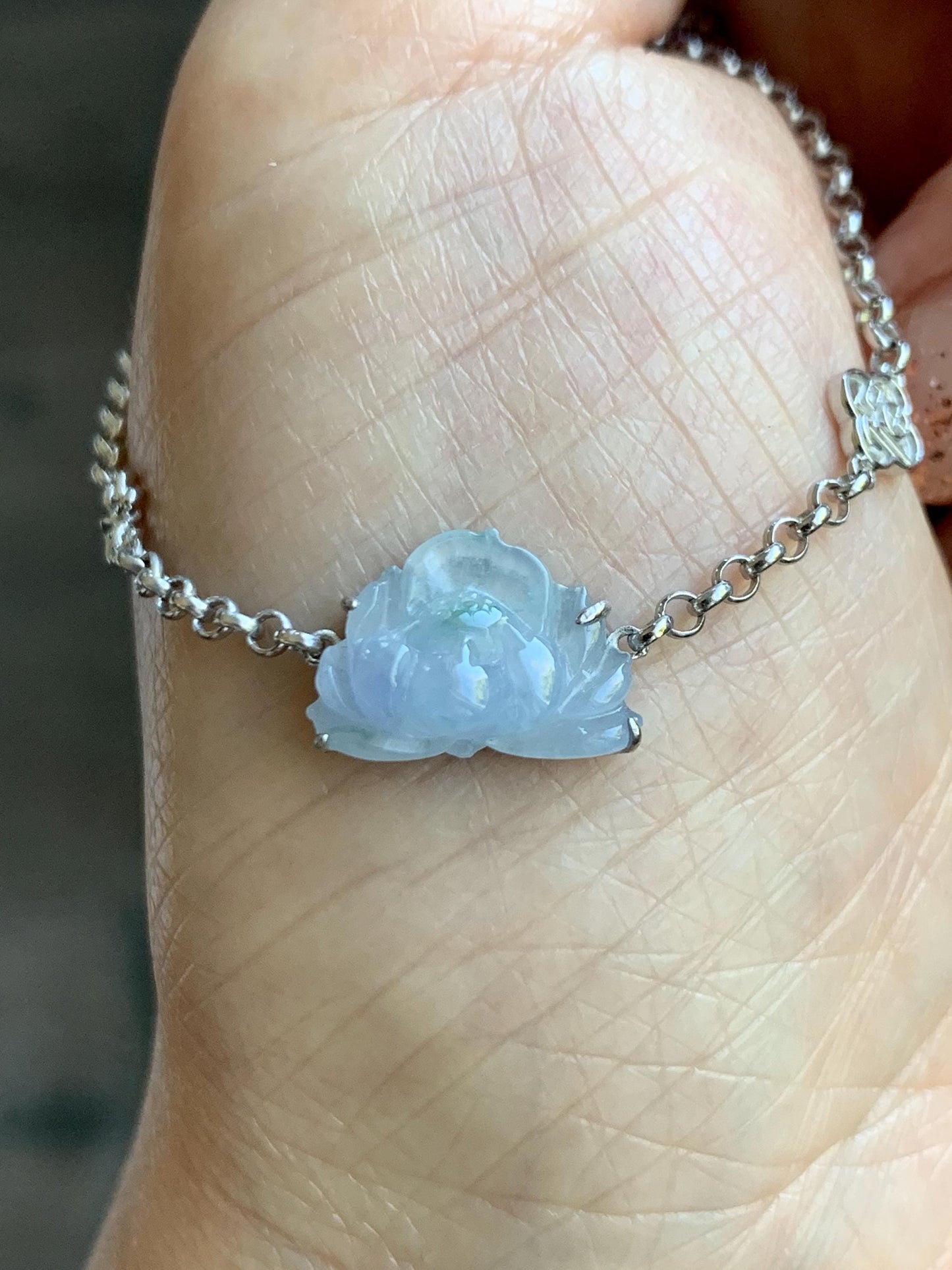 Certified Natural Grade A Icy Highly Translucent Pale Purple Jade Jadeite Lotus Flower Bracelet Sterling Silver 6.25-7.5” 天然冰紫底飘花翡翠莲花手链 168