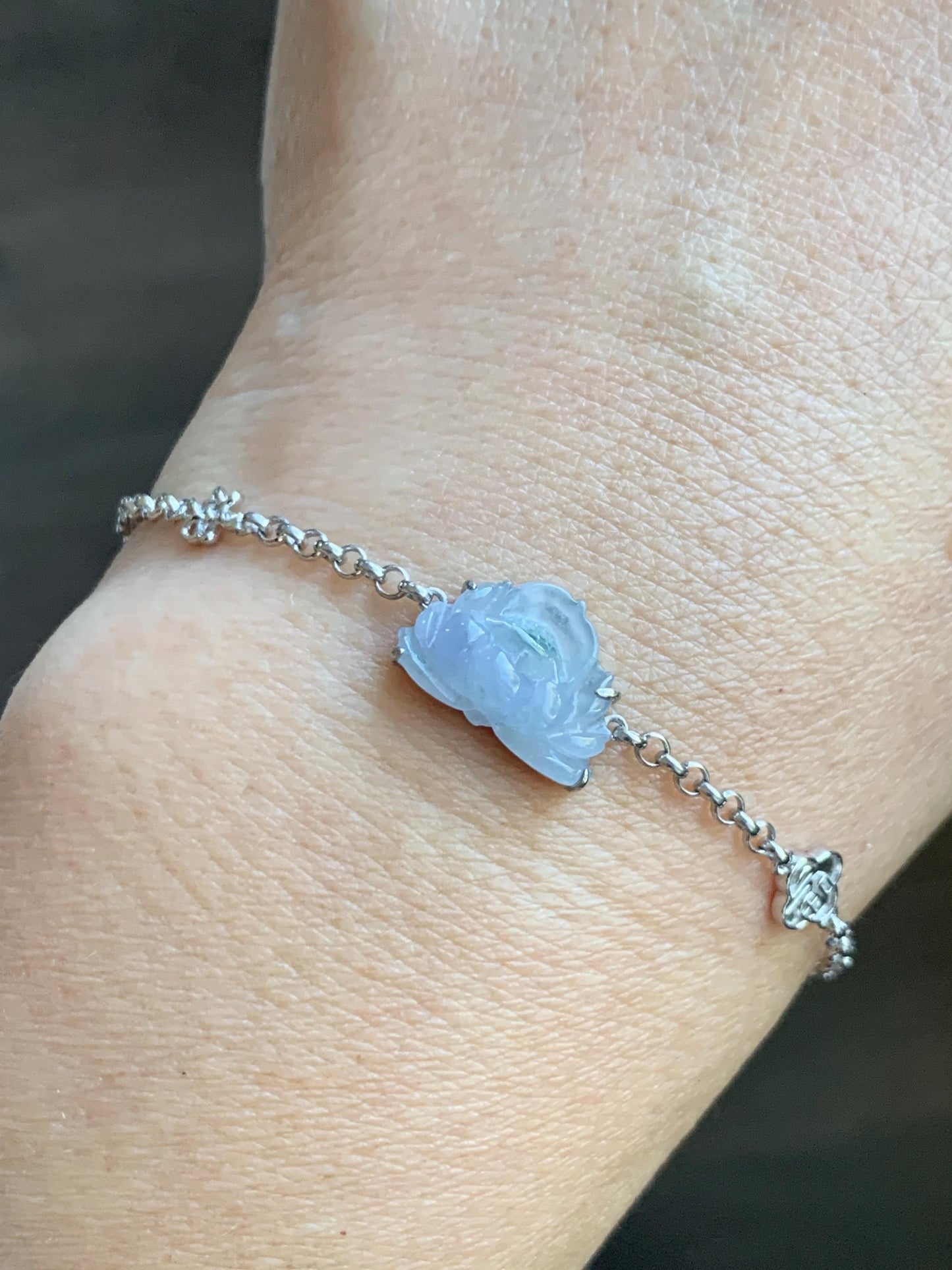 Certified Natural Grade A Icy Highly Translucent Pale Purple Jade Jadeite Lotus Flower Bracelet Sterling Silver 6.25-7.5” 天然冰紫底飘花翡翠莲花手链 168