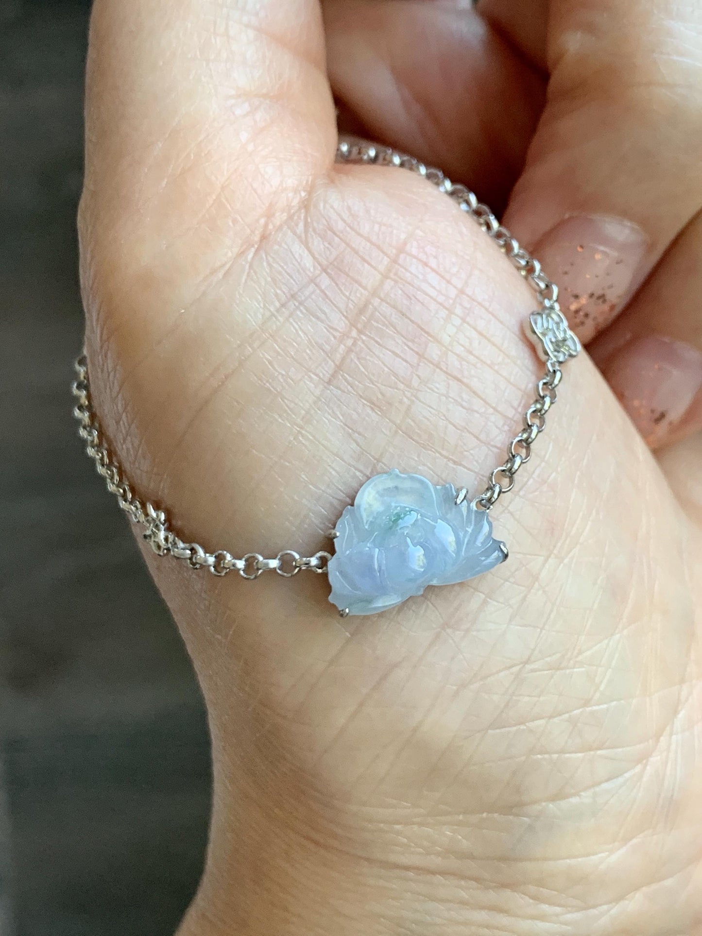 Certified Natural Grade A Icy Highly Translucent Pale Purple Jade Jadeite Lotus Flower Bracelet Sterling Silver 6.25-7.5” 天然冰紫底飘花翡翠莲花手链 168