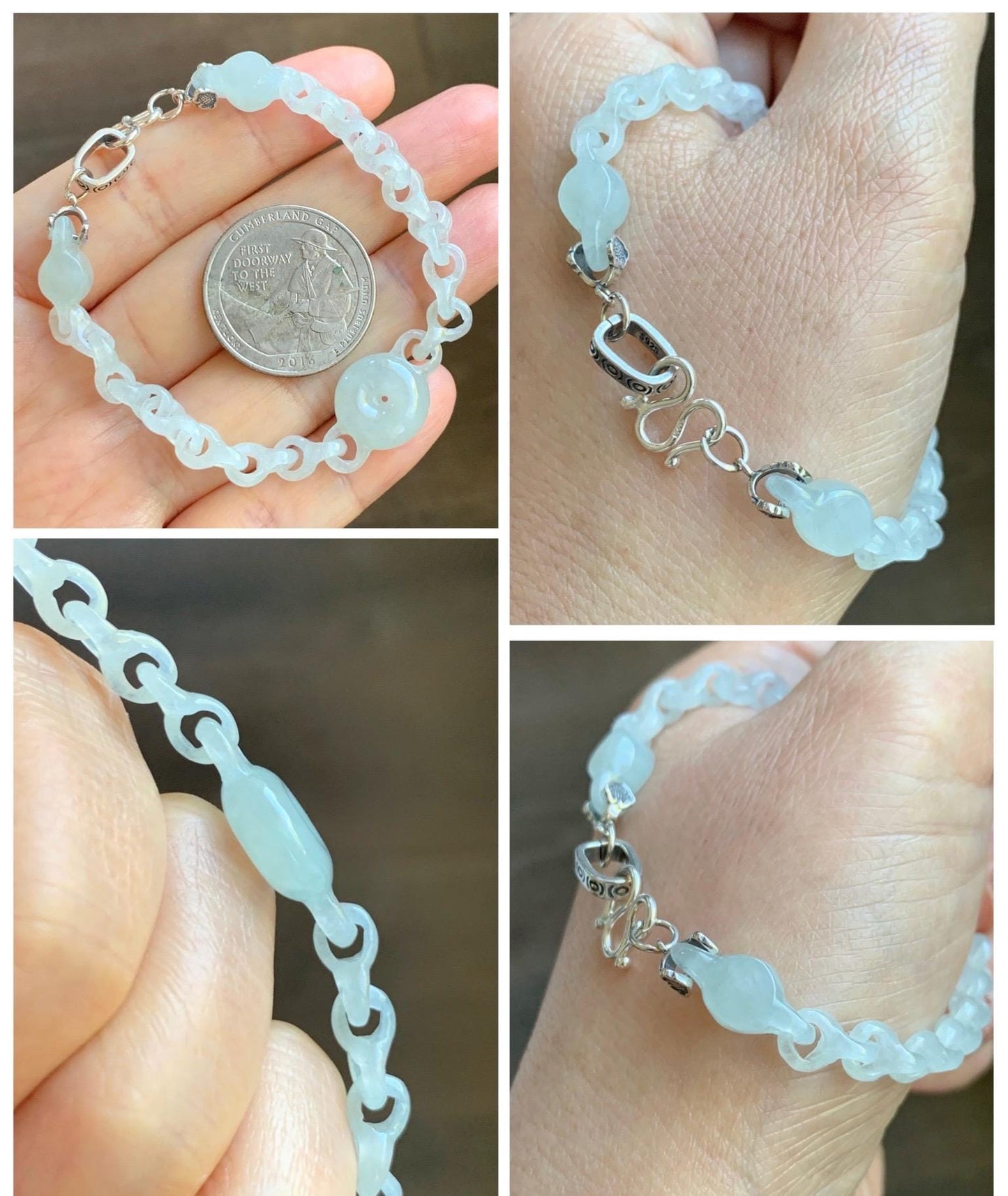 Certified Natural Grade A Icy Jade Jadeite Interlocking Dragon Bone Links & Donut Bracelet Sterling Silver 7" 天然冰透底色翡翠龙骨链平安扣手链 MLG388