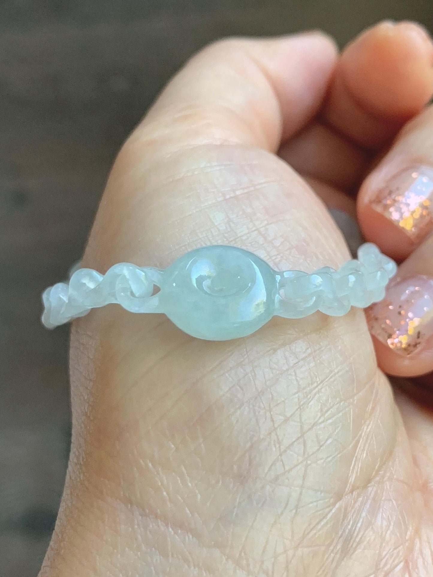 Certified Natural Grade A Icy Jade Jadeite Interlocking Dragon Bone Links & Donut Bracelet Sterling Silver 7" 天然冰透底色翡翠龙骨链平安扣手链 MLG388