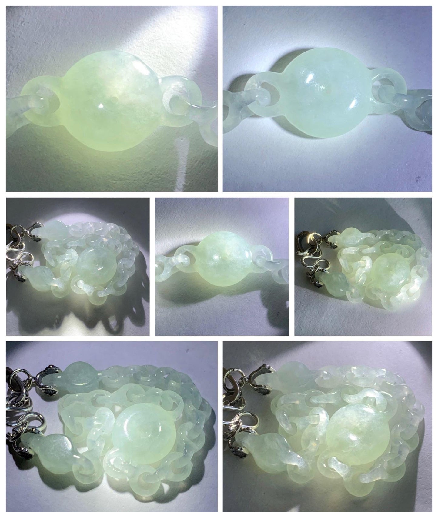 Certified Natural Grade A Icy Jade Jadeite Interlocking Dragon Bone Links & Donut Bracelet Sterling Silver 7" 天然冰透底色翡翠龙骨链平安扣手链 MLG388