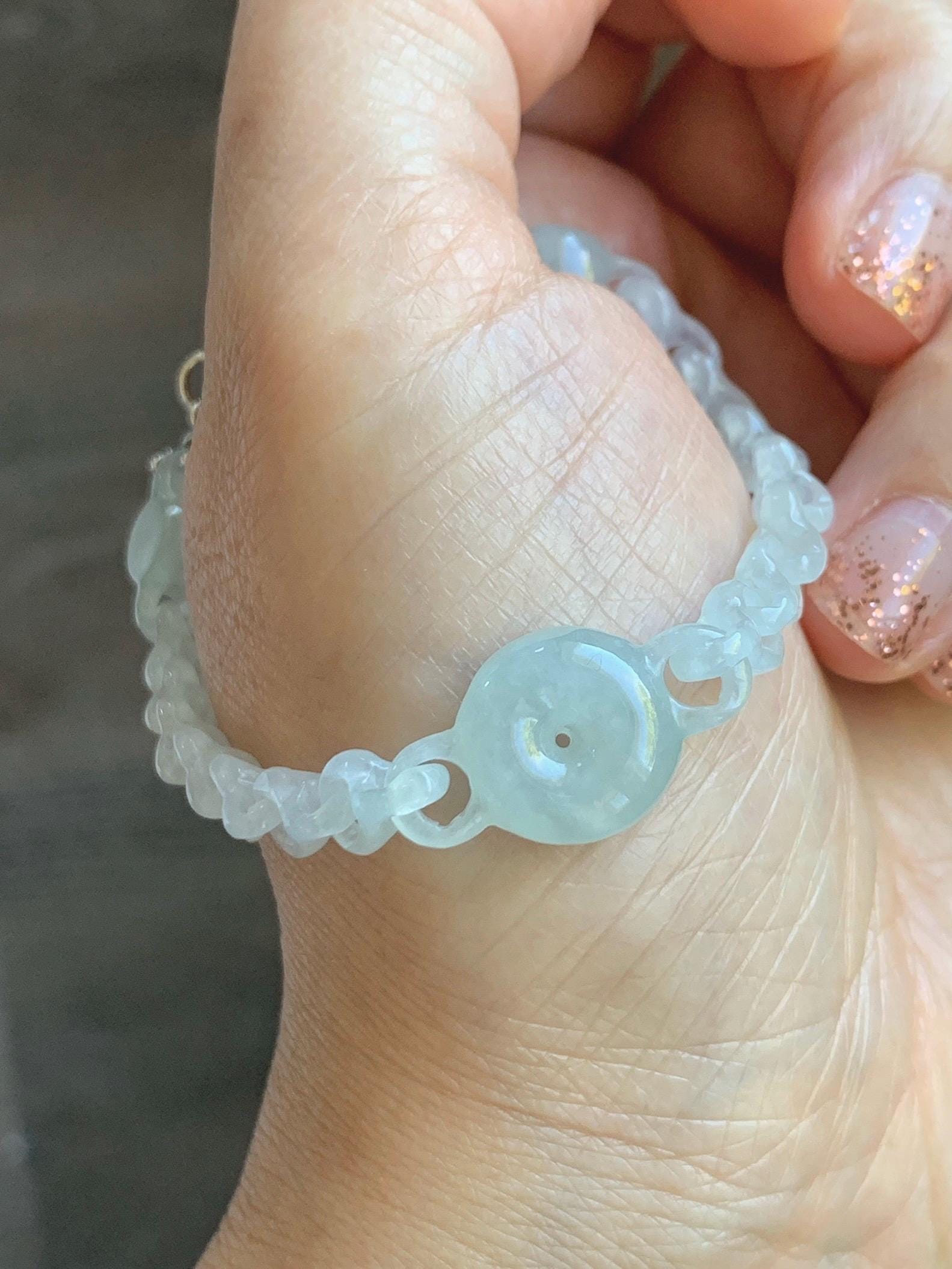 Certified Natural Grade A Icy Jade Jadeite Interlocking Dragon Bone Links & Donut Bracelet Sterling Silver 7" 天然冰透底色翡翠龙骨链平安扣手链 MLG388