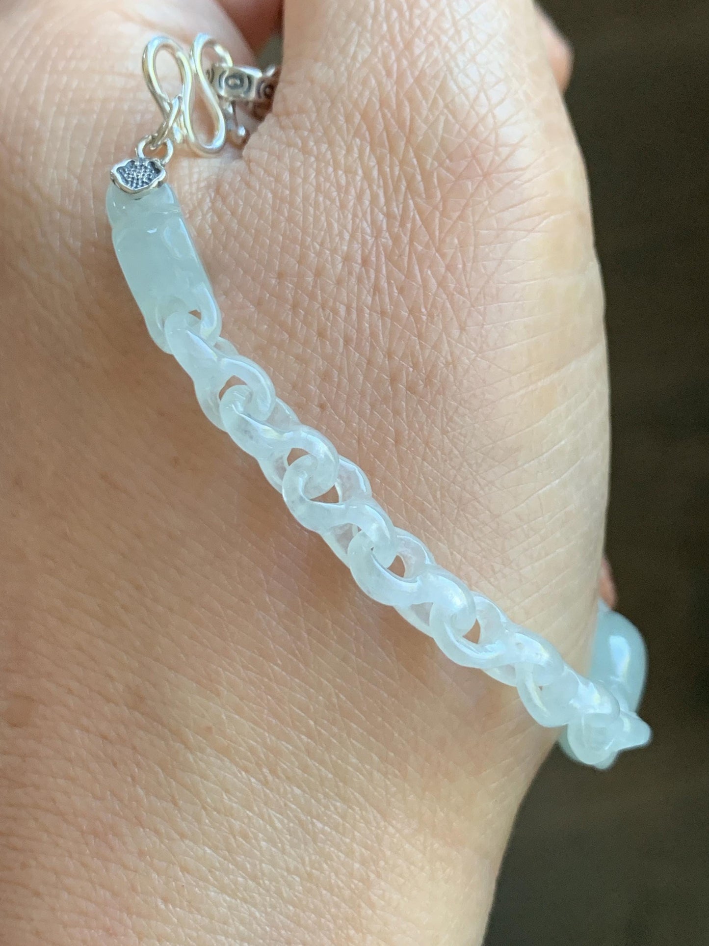 Certified Natural Grade A Icy Jade Jadeite Interlocking Dragon Bone Links & Donut Bracelet Sterling Silver 7" 天然冰透底色翡翠龙骨链平安扣手链 MLG388