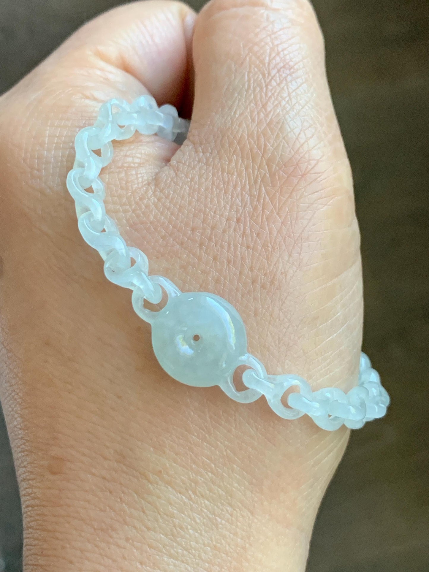 Certified Natural Grade A Icy Jade Jadeite Interlocking Dragon Bone Links & Donut Bracelet Sterling Silver 7" 天然冰透底色翡翠龙骨链平安扣手链 MLG388