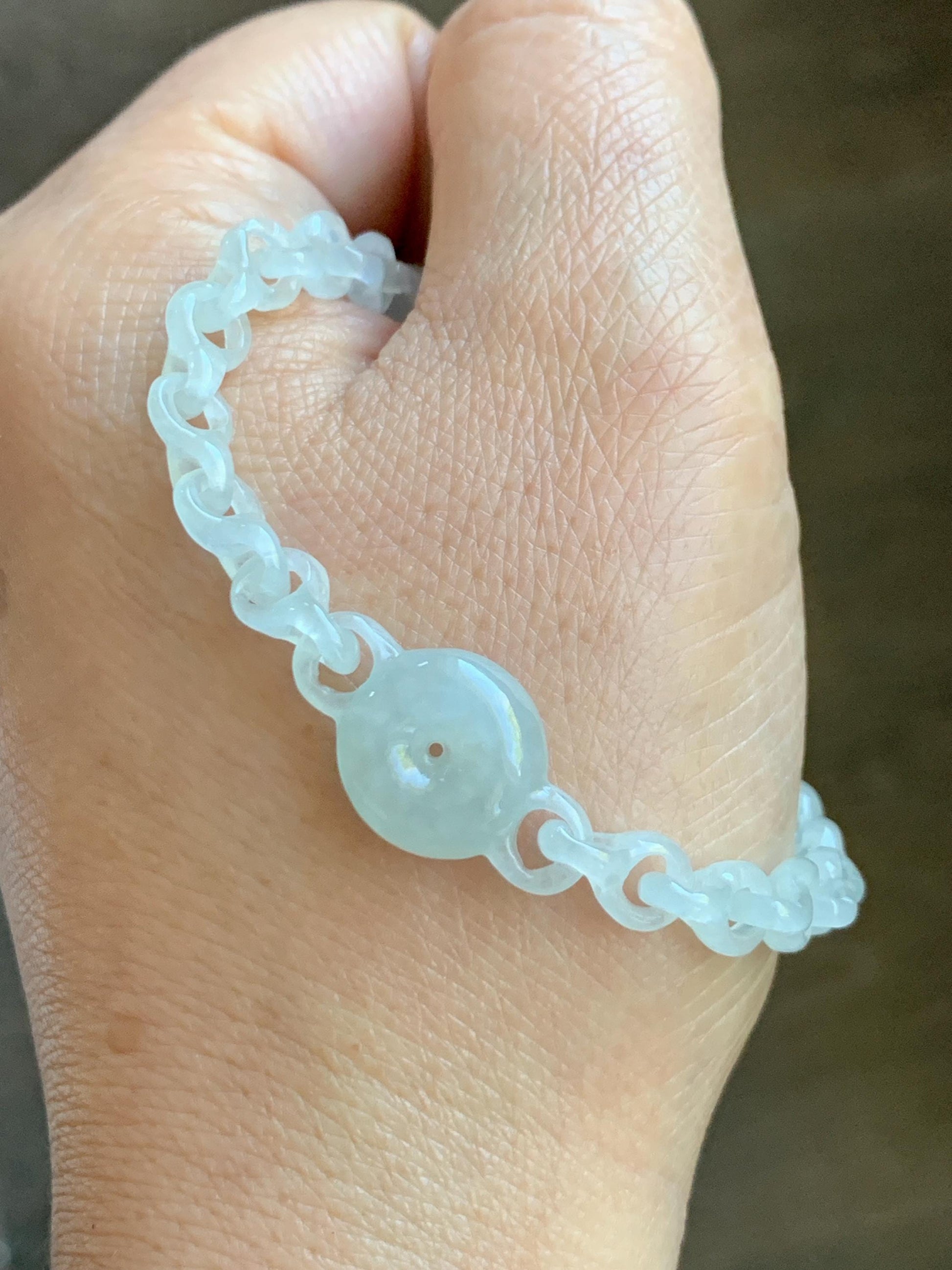 Certified Natural Grade A Icy Jade Jadeite Interlocking Dragon Bone Links & Donut Bracelet Sterling Silver 7" 天然冰透底色翡翠龙骨链平安扣手链 MLG388
