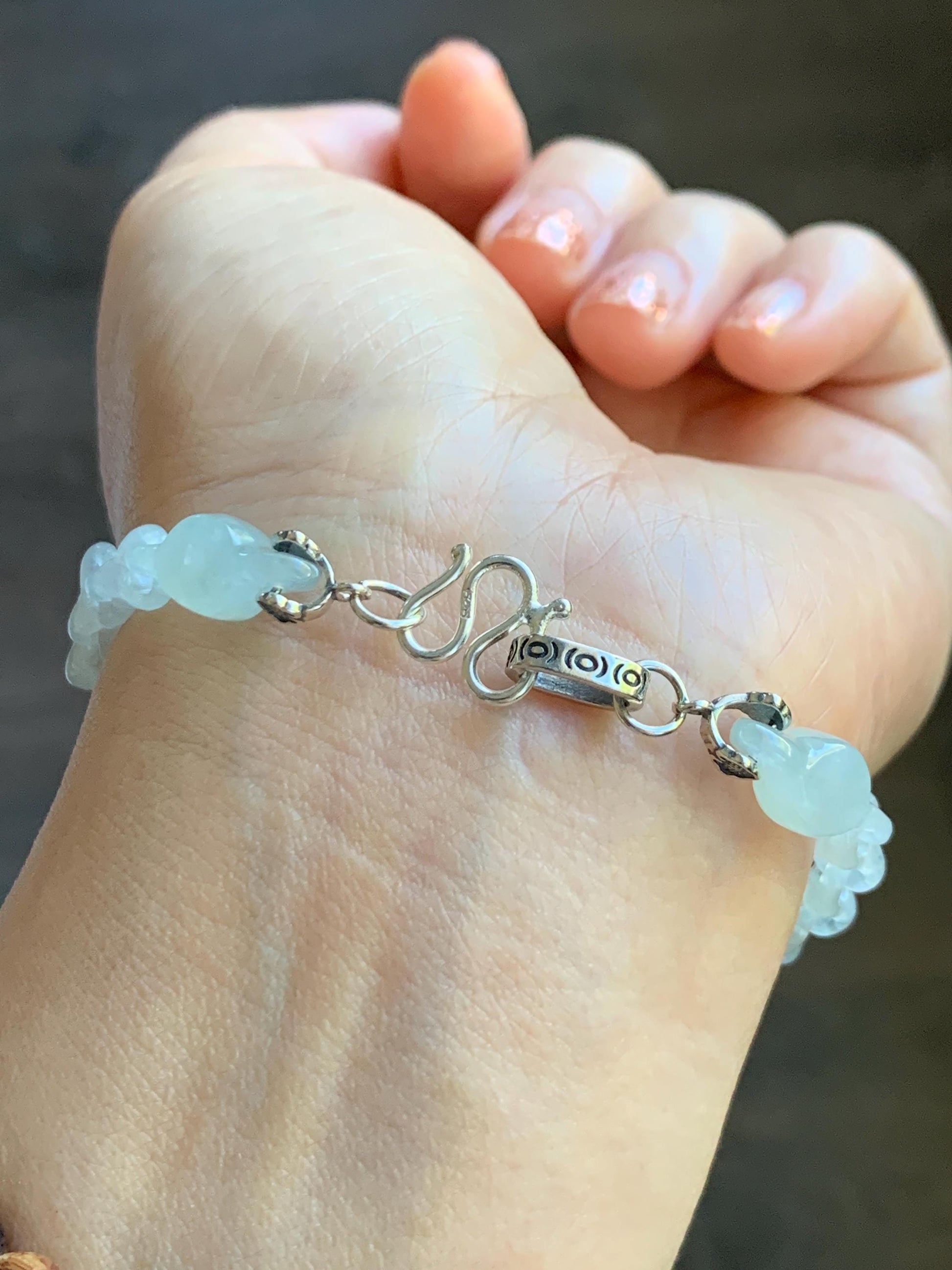 Certified Natural Grade A Icy Jade Jadeite Interlocking Dragon Bone Links & Donut Bracelet Sterling Silver 7" 天然冰透底色翡翠龙骨链平安扣手链 MLG388