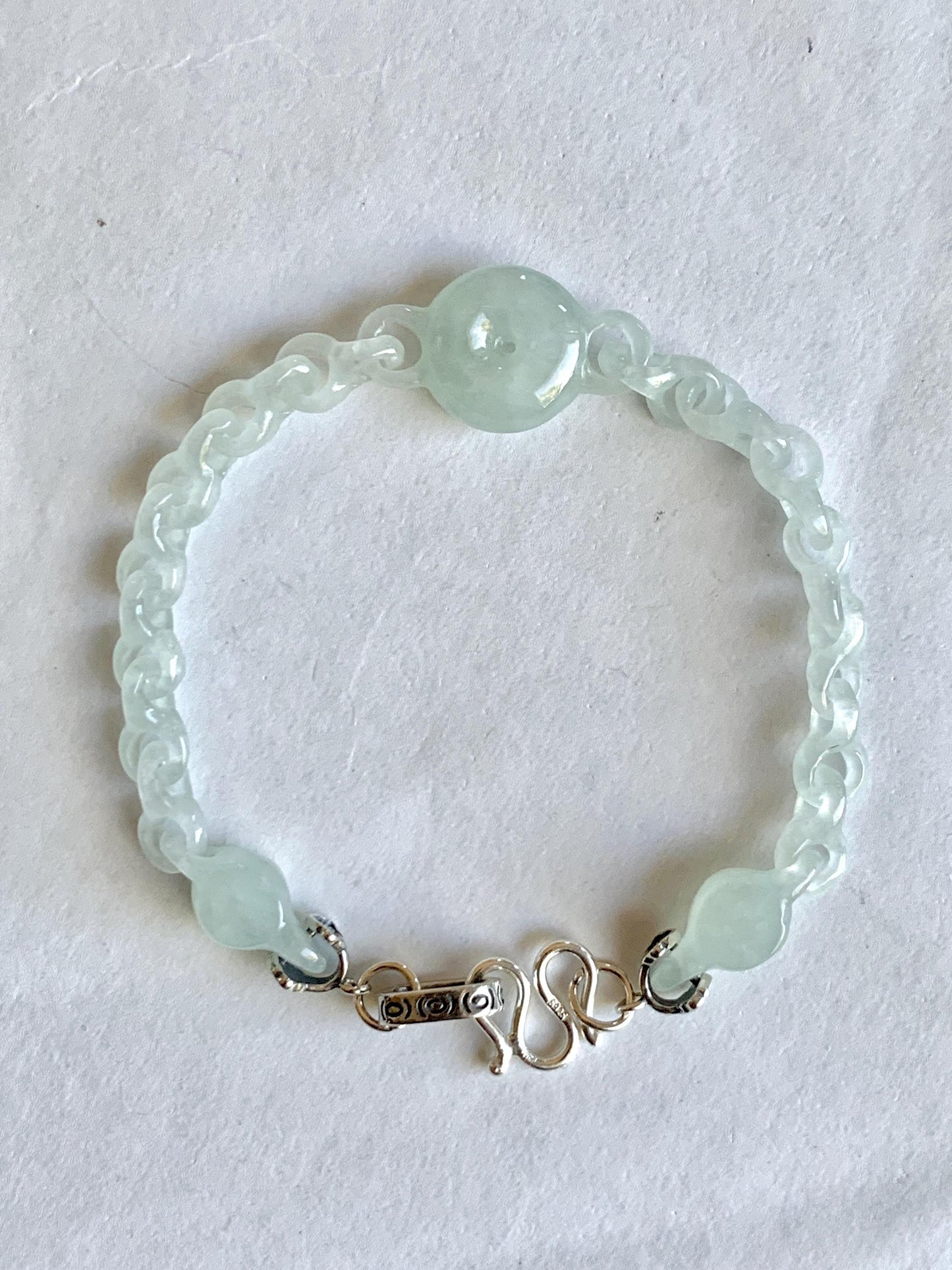 Certified Natural Grade A Icy Jade Jadeite Interlocking Dragon Bone Links & Donut Bracelet Sterling Silver 7" 天然冰透底色翡翠龙骨链平安扣手链 MLG388