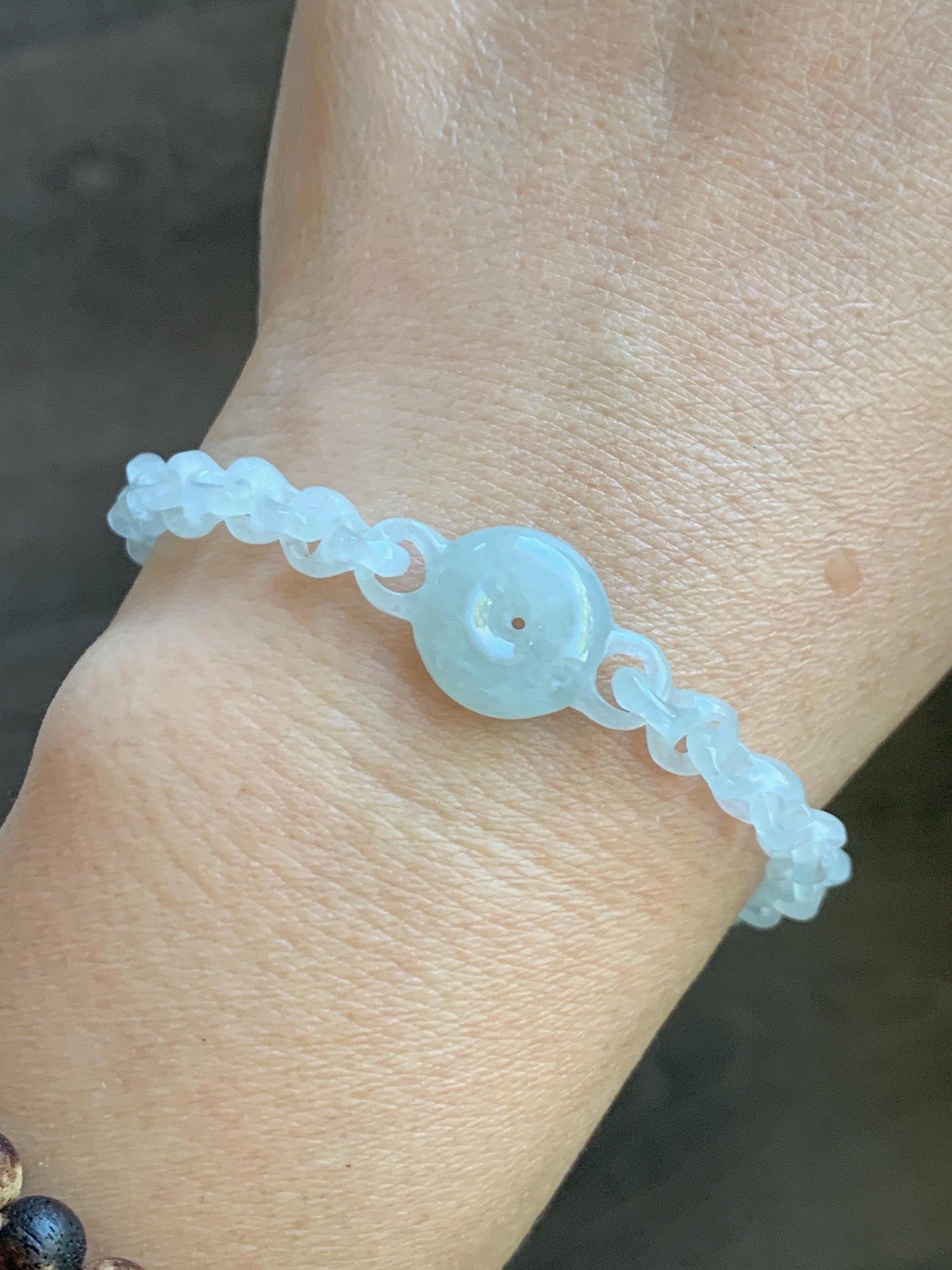 Certified Natural Grade A Icy Jade Jadeite Interlocking Dragon Bone Links & Donut Bracelet Sterling Silver 7" 天然冰透底色翡翠龙骨链平安扣手链 MLG388