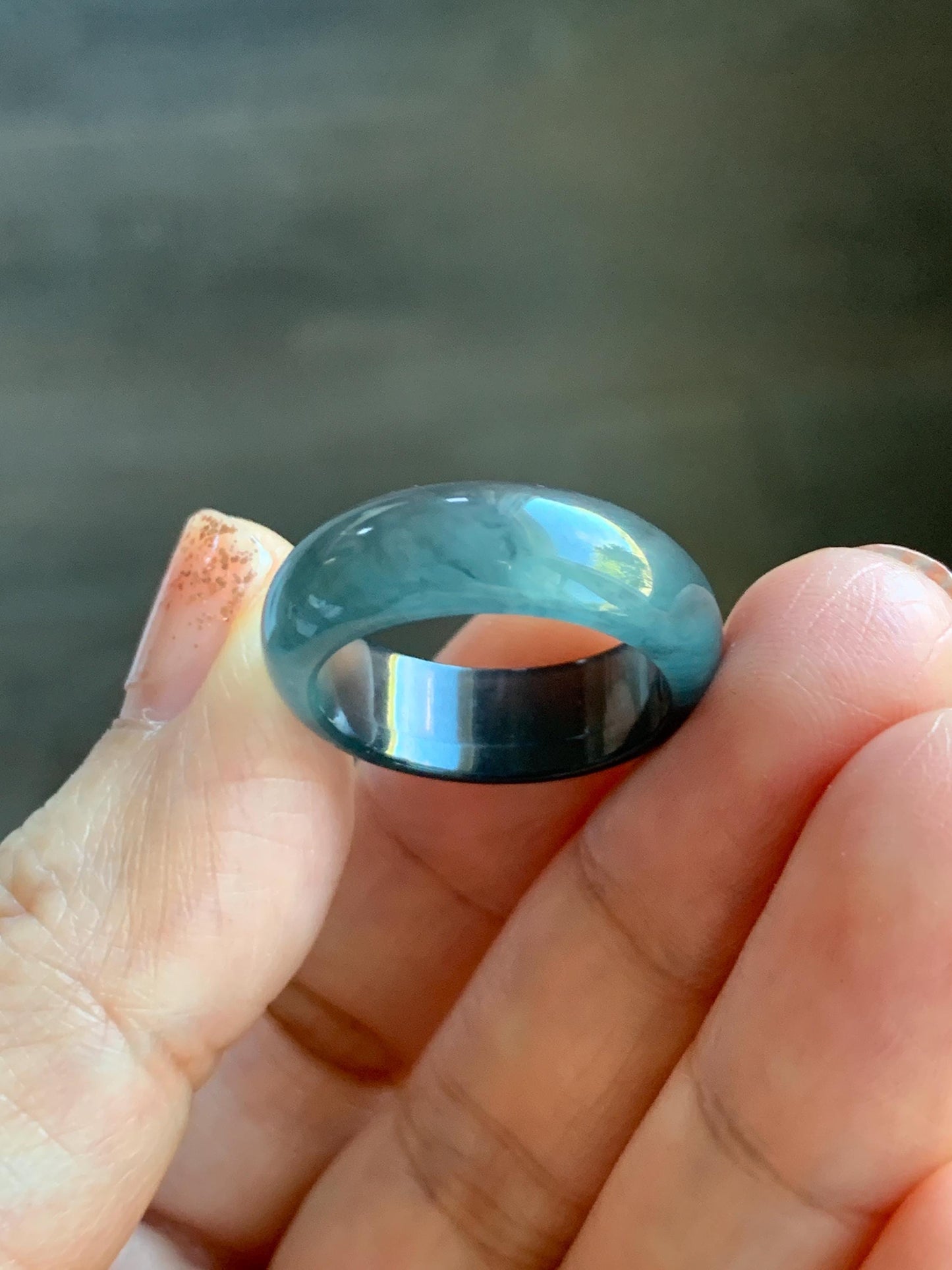 Natural Grade A Guatemalan Icy Highly Translucent Teal Blue Wuji Jade Jadeite Band Ring Size 7.75 US 天然高冰危蓝乌鸡翡翠戒圈 GWW330C