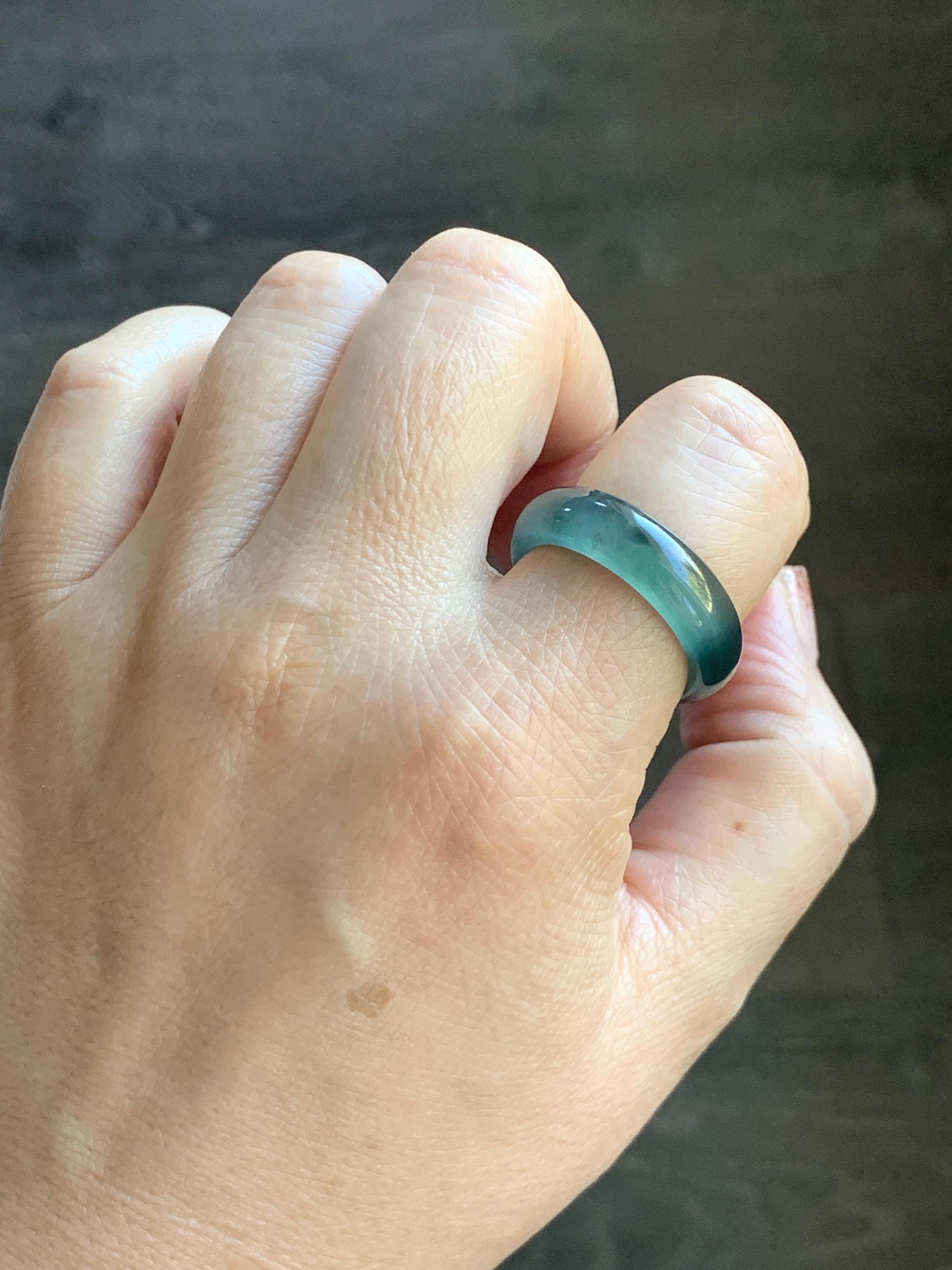 Natural Grade A Guatemalan Icy Highly Translucent Teal Blue Wuji Jade Jadeite Band Ring Size 10.25 US 天然高冰危蓝乌鸡翡翠戒圈 GWW330B