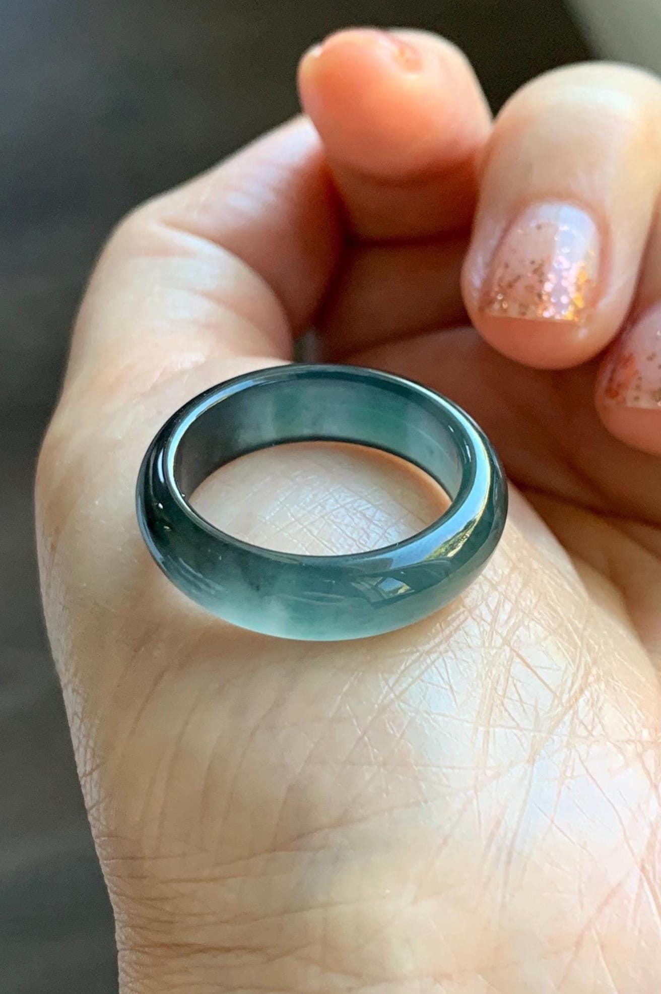 Natural Grade A Guatemalan Icy Highly Translucent Teal Blue Wuji Jade Jadeite Band Ring Size 10.25 US 天然高冰危蓝乌鸡翡翠戒圈 GWW330B