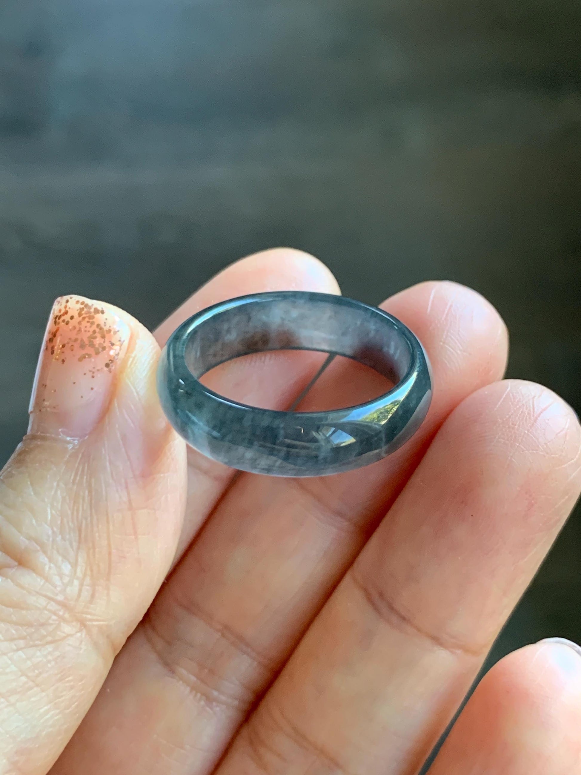 Natural Grade A Guatemalan Icy Highly Translucent Wuji Jade Jadeite Band Ring Size 9.75 US 天然高冰危蓝乌鸡翡翠戒圈 GWW330A