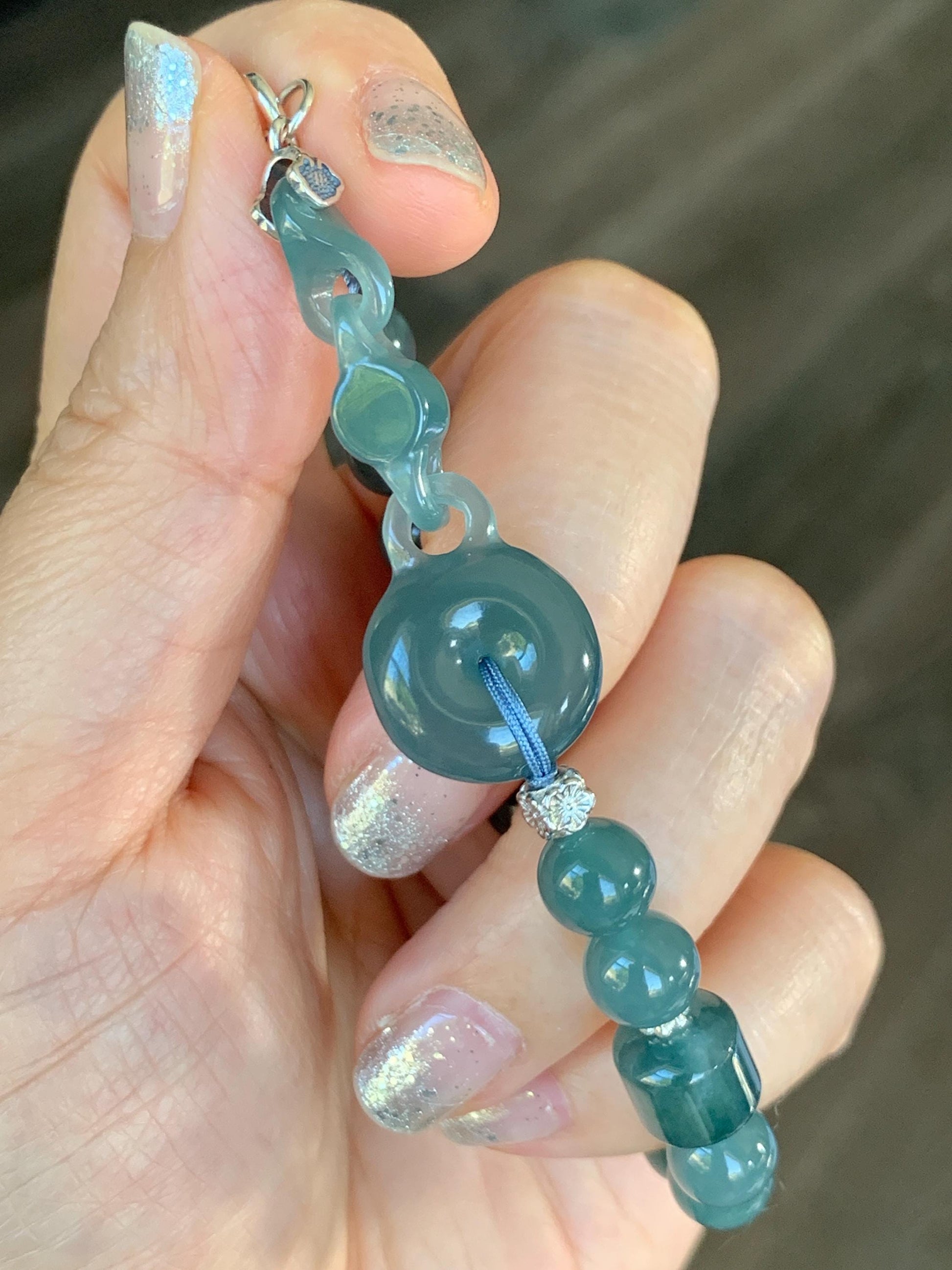 Natural Grade A Guatemalan Icy Teal Blue Jade Jadeite Interlocking Ping An Kou Donut Beaded Bracelet Sterling Silver 天然冰胶危蓝翡翠平安扣手链 WHH310