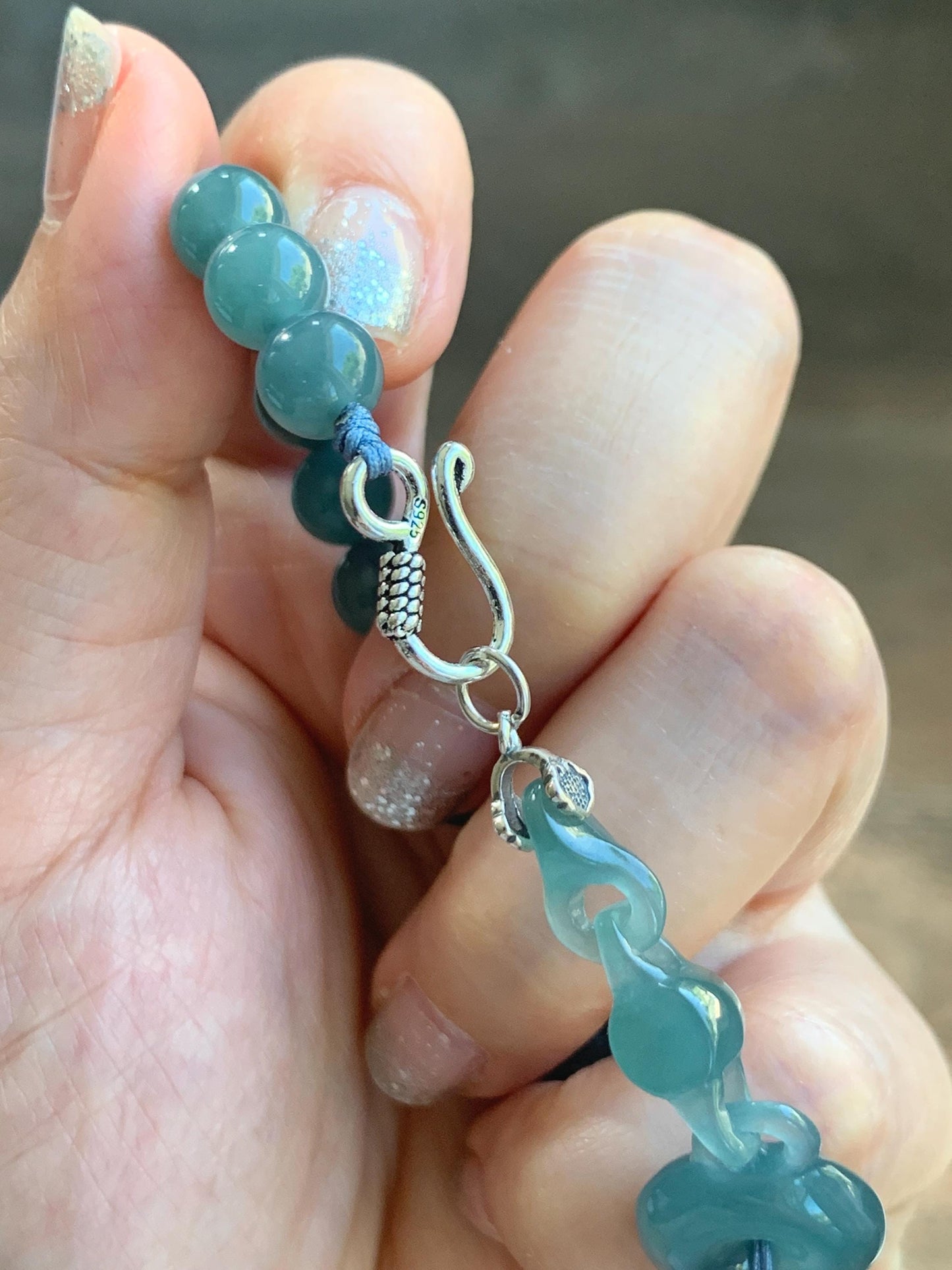 Natural Grade A Guatemalan Icy Teal Blue Jade Jadeite Interlocking Ping An Kou Donut Beaded Bracelet Sterling Silver 天然冰胶危蓝翡翠平安扣手链 WHH310